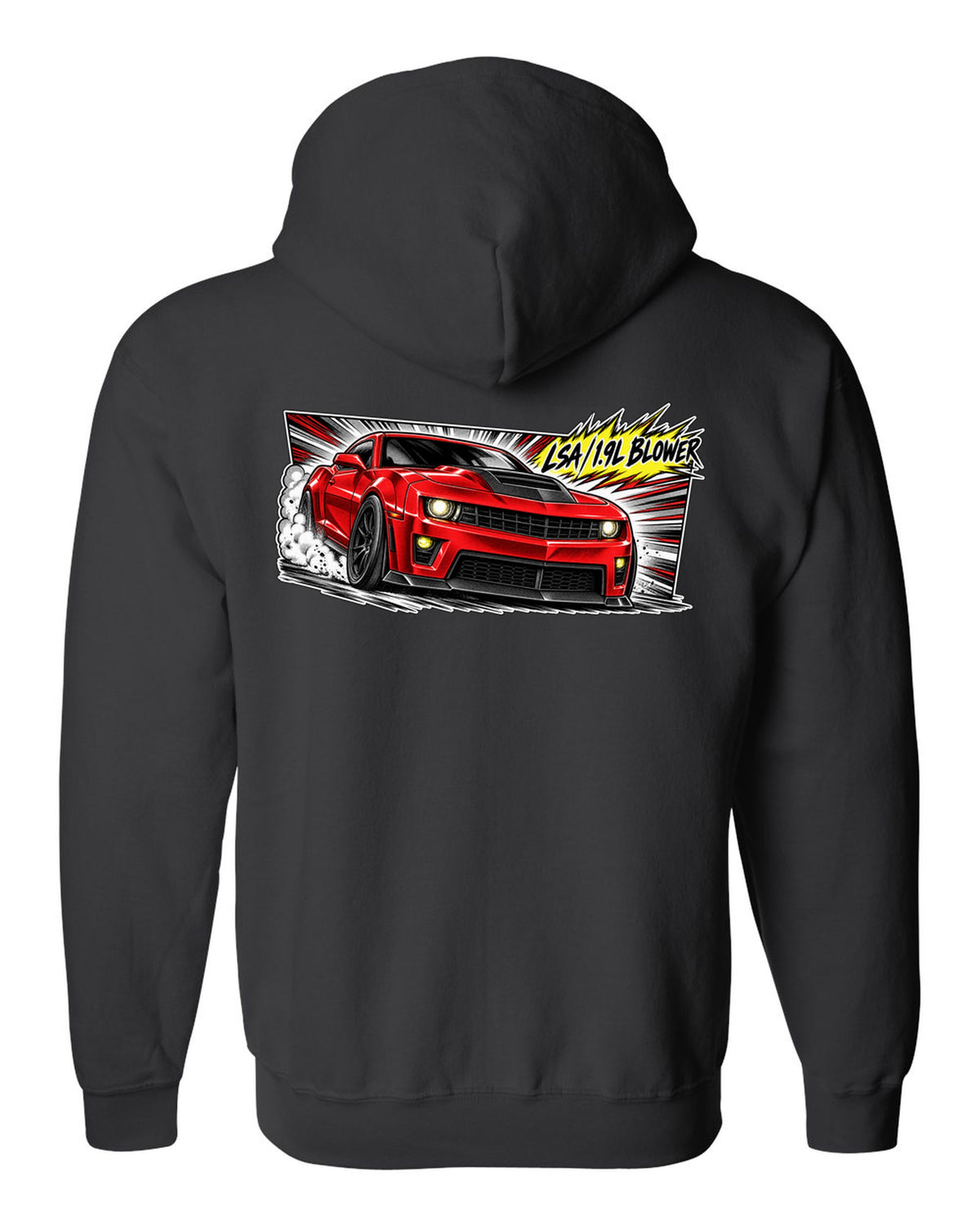 Retro manga panel with speed lines and screentone of a 2012 Chevrolet Camaro ZL1 black zip hoodie back view with the design