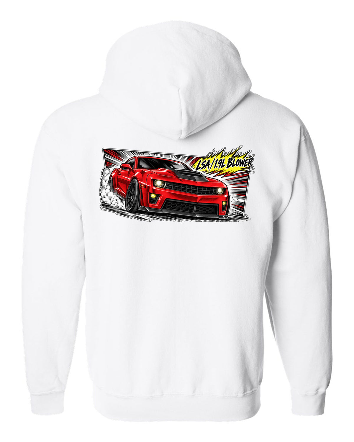 Retro manga panel with speed lines and screentone of a 2012 Chevrolet Camaro ZL1 white zip hoodie back view with the design