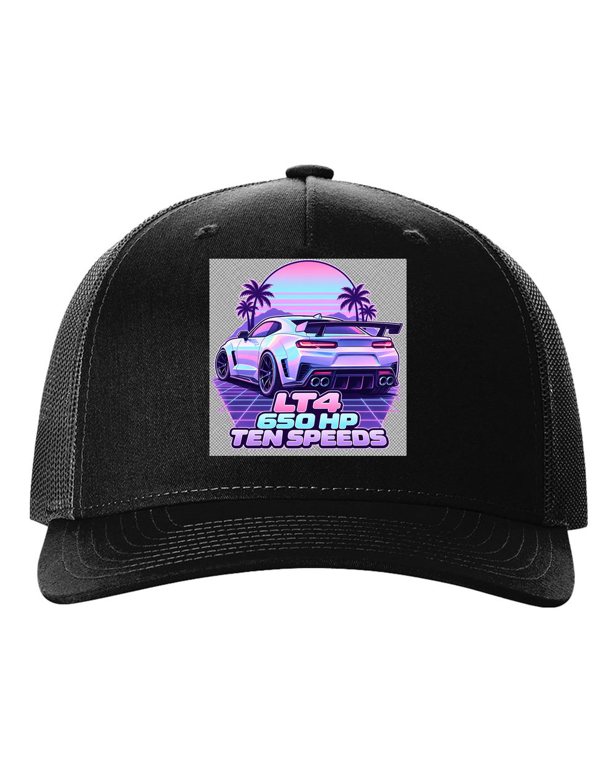 2019 Chevrolet Camaro ZL1 LT4 vaporwave pastel print with 650 HP text black hat front view with the design