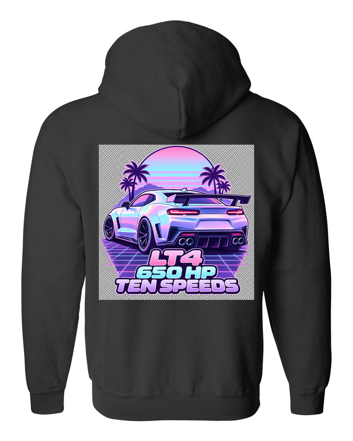 2019 Chevrolet Camaro ZL1 LT4 vaporwave pastel print with 650 HP text black zip hoodie back view with the design