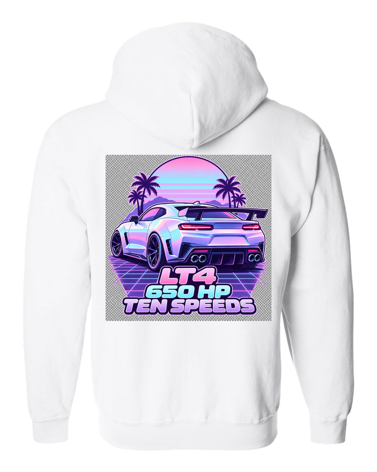 2019 Chevrolet Camaro ZL1 LT4 vaporwave pastel print with 650 HP text white zip hoodie back view with the design