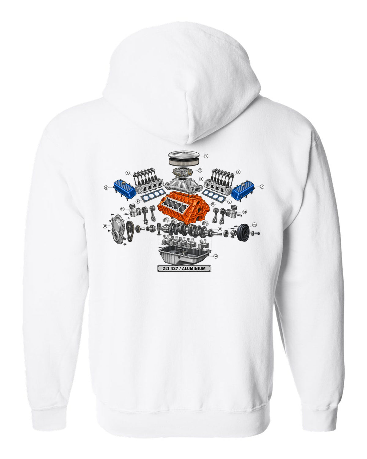 Isometric exploded diagram with numbered callouts of the 1969 Chevrolet Camaro ZL1 427 aluminum engine white zip hoodie back view with the design