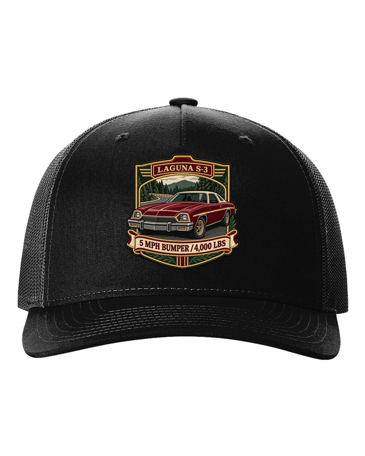 Embroidery patch style crest illustration of a 1973 Chevrolet Chevelle Laguna S-3 black hat front view with the design