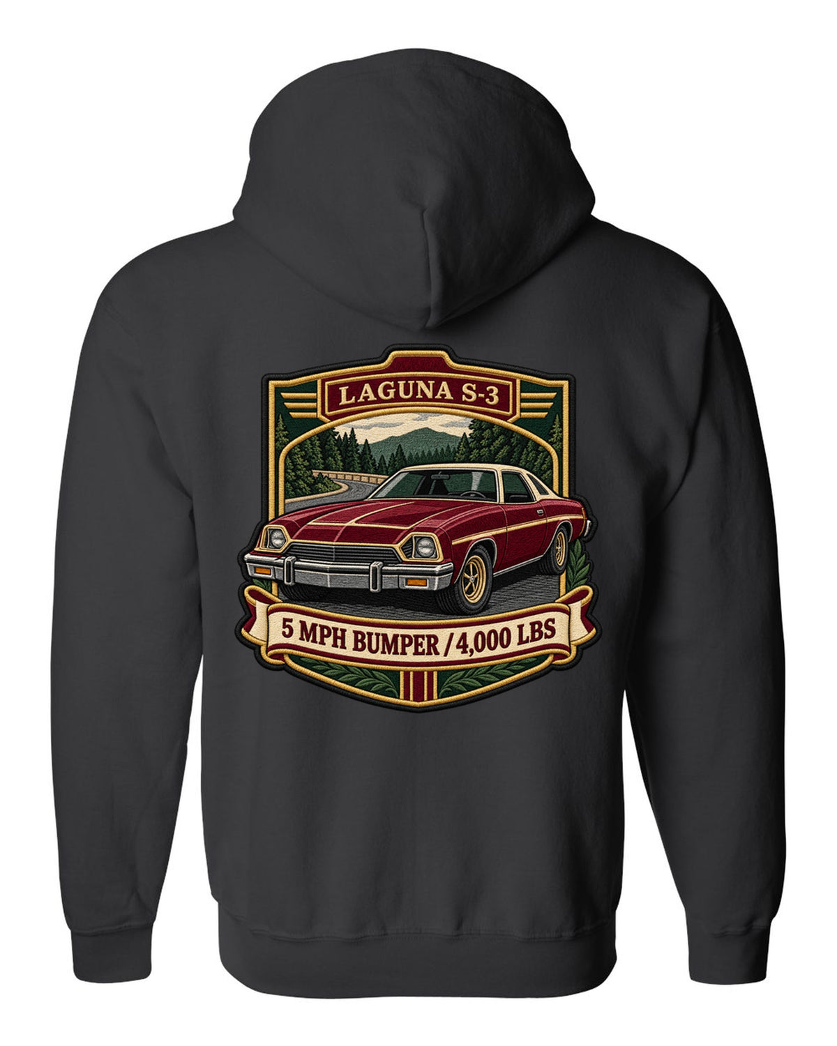 Embroidery patch style crest illustration of a 1973 Chevrolet Chevelle Laguna S-3 black zip hoodie back view with the design