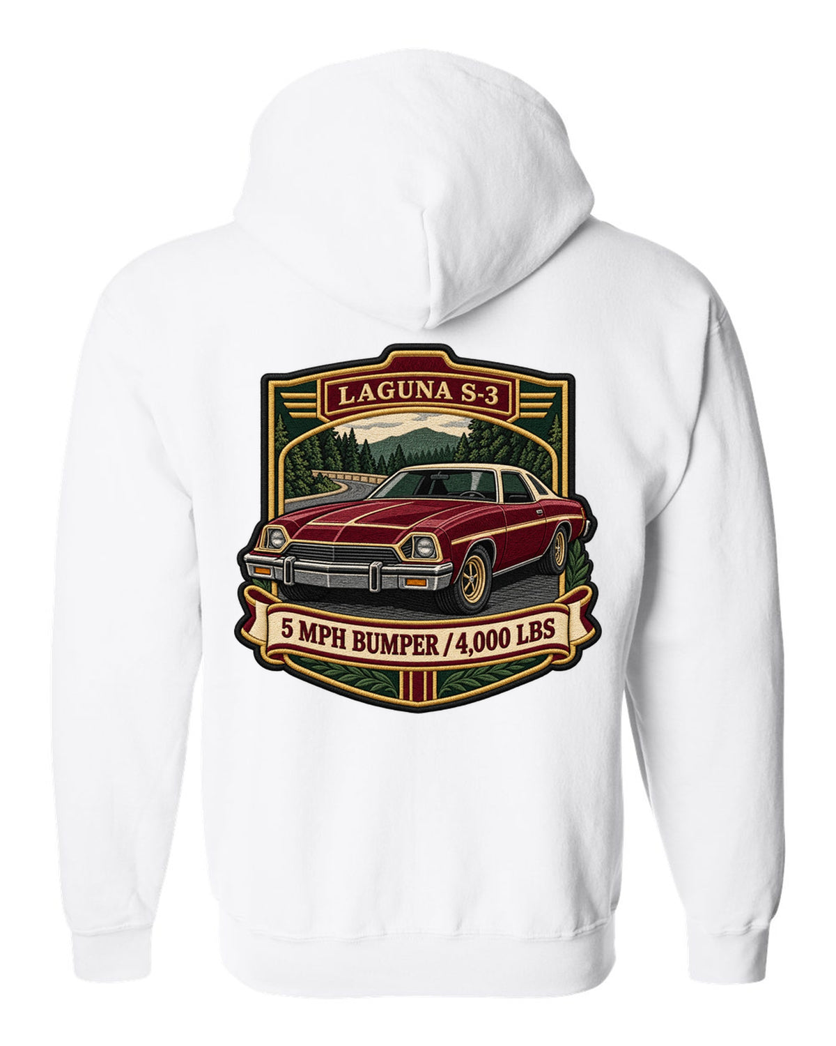 Embroidery patch style crest illustration of a 1973 Chevrolet Chevelle Laguna S-3 white zip hoodie back view with the design