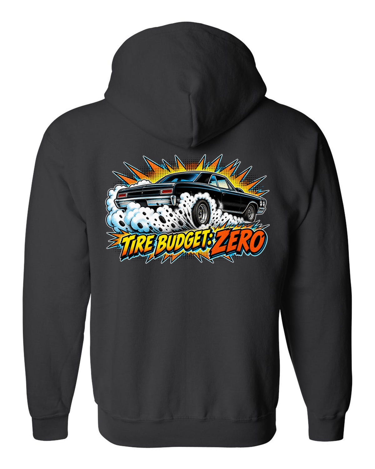 Comic halftone burst illustration of a 1966 Chevrolet Chevelle Malibu SS doing a burnout black zip hoodie back view with the design