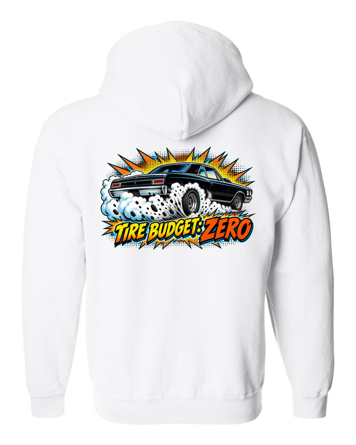 Comic halftone burst illustration of a 1966 Chevrolet Chevelle Malibu SS doing a burnout white zip hoodie back view with the design