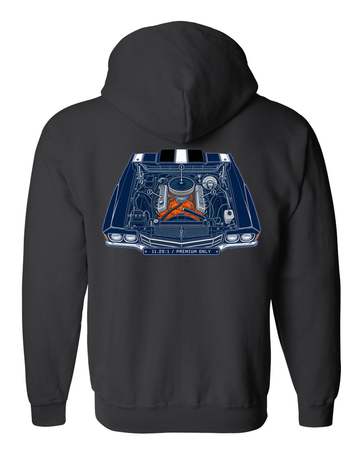 Patent blueprint drawing with numbered callouts of a 1970 Chevrolet Chevelle SS LS6 engine bay black zip hoodie back view with the design