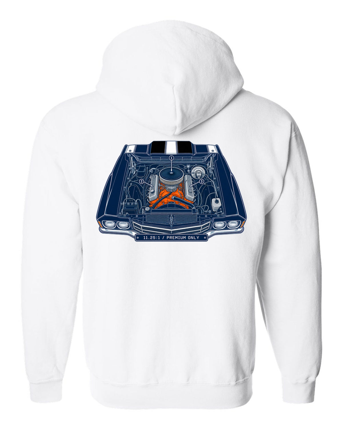 Patent blueprint drawing with numbered callouts of a 1970 Chevrolet Chevelle SS LS6 engine bay white zip hoodie back view with the design