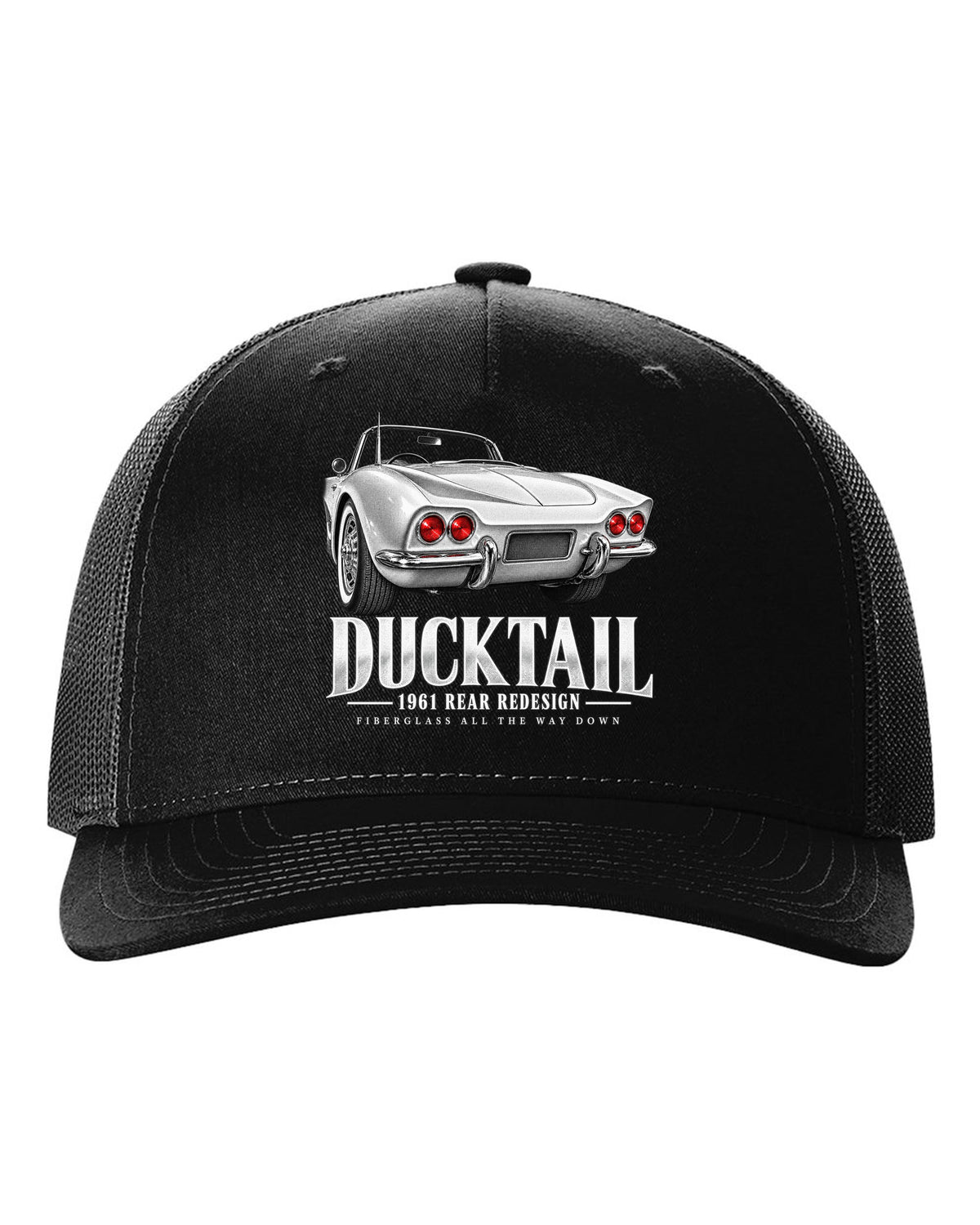 Chevrolet Corvette C1 1961 rear ducktail detail print black hat front view with the design