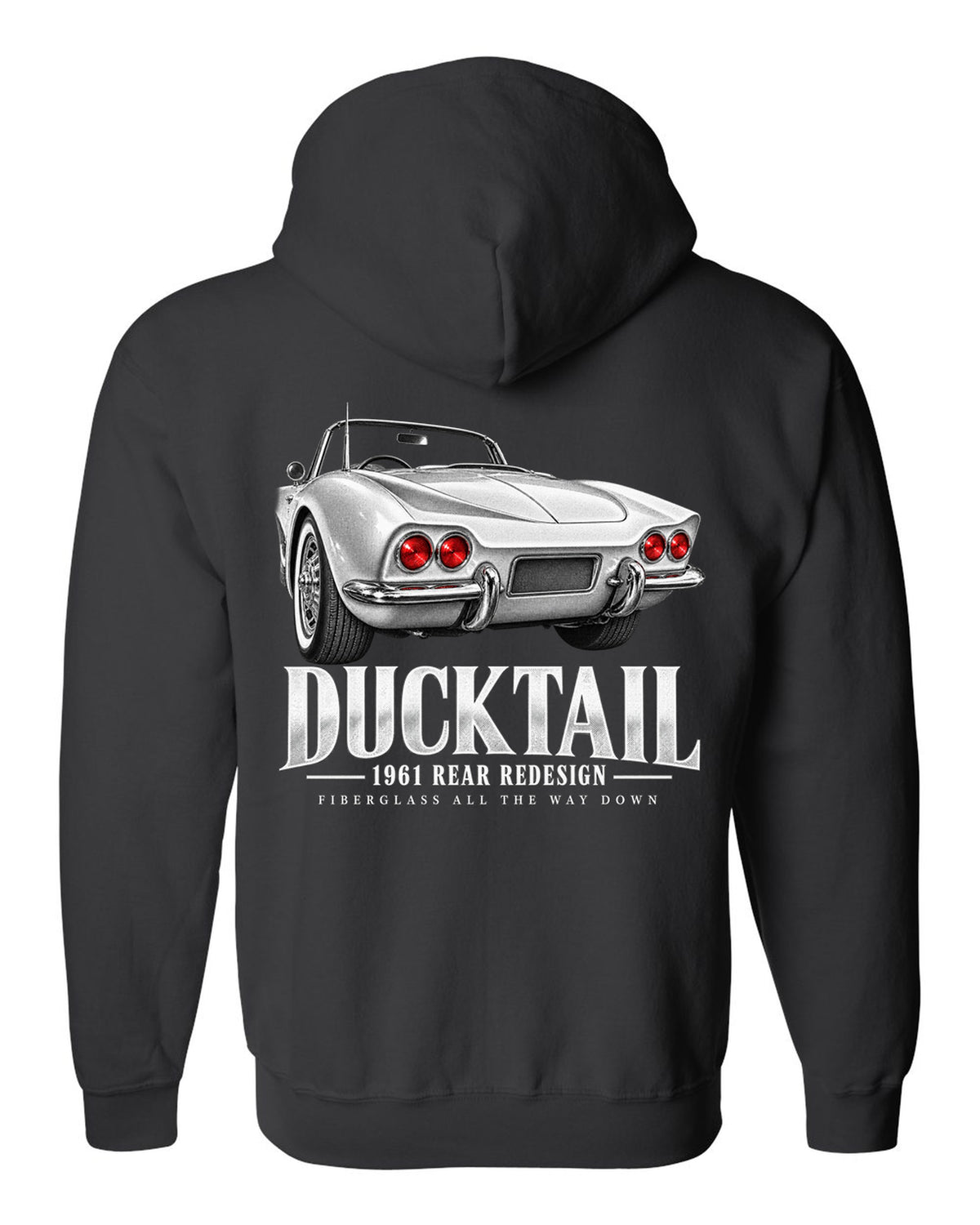 Chevrolet Corvette C1 1961 rear ducktail detail print black zip hoodie back view with the design