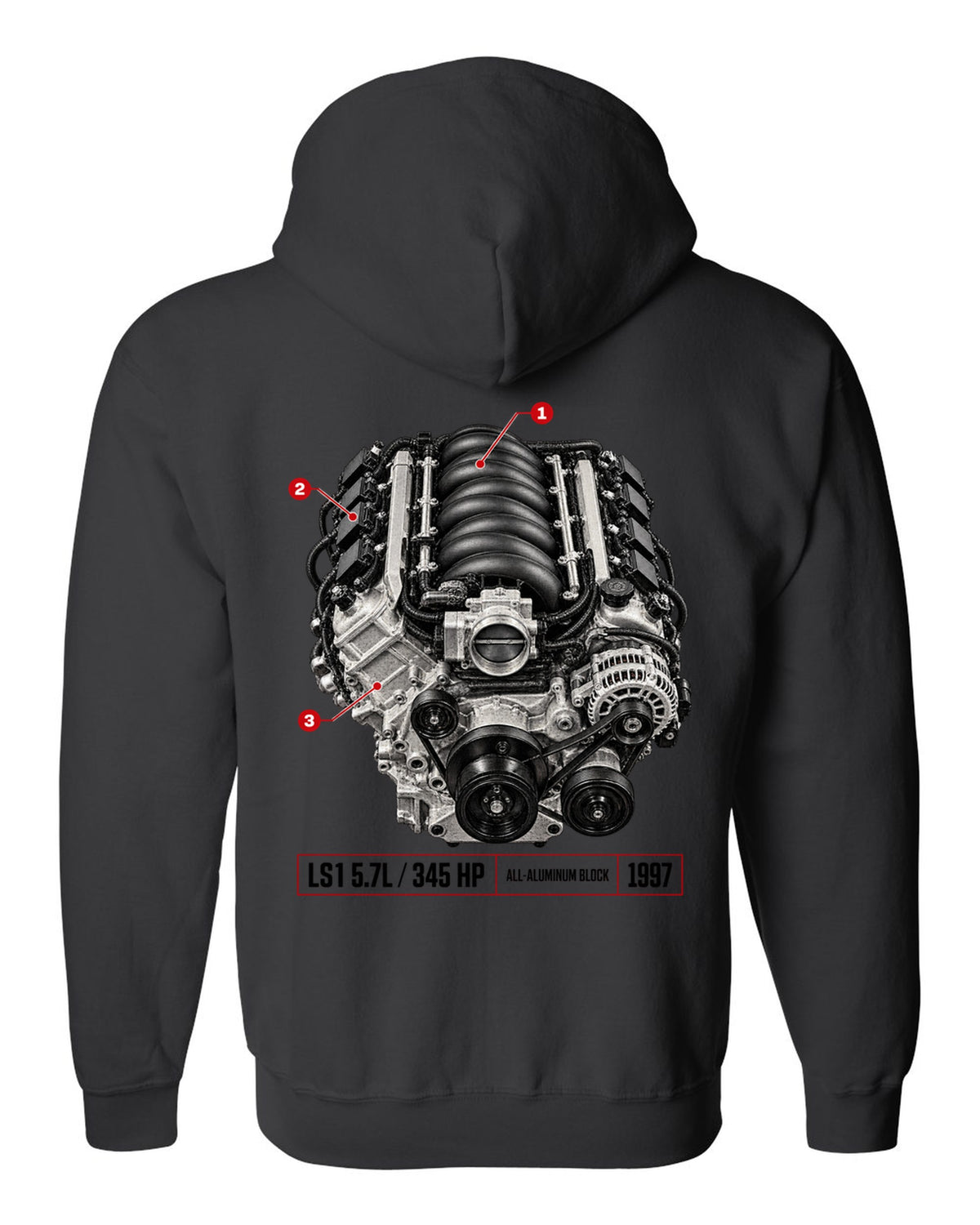 Corvette C5 coupe with LS1 5.7L engine poster print black zip hoodie back view with the design