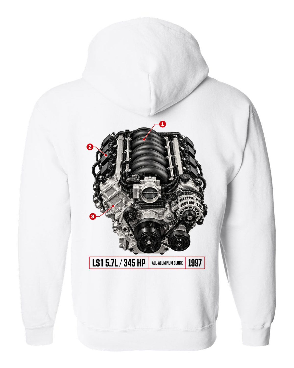 Corvette C5 coupe with LS1 5.7L engine poster print white zip hoodie back view with the design