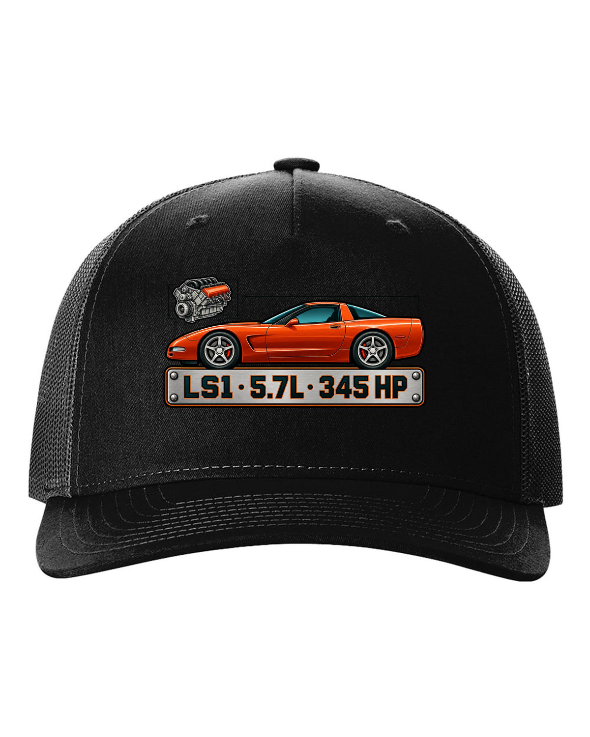 Spec-sheet style print of a 1997 Chevrolet Corvette C5 coupe with LS1 5.7L 345 HP lettering black hat front view with the design
