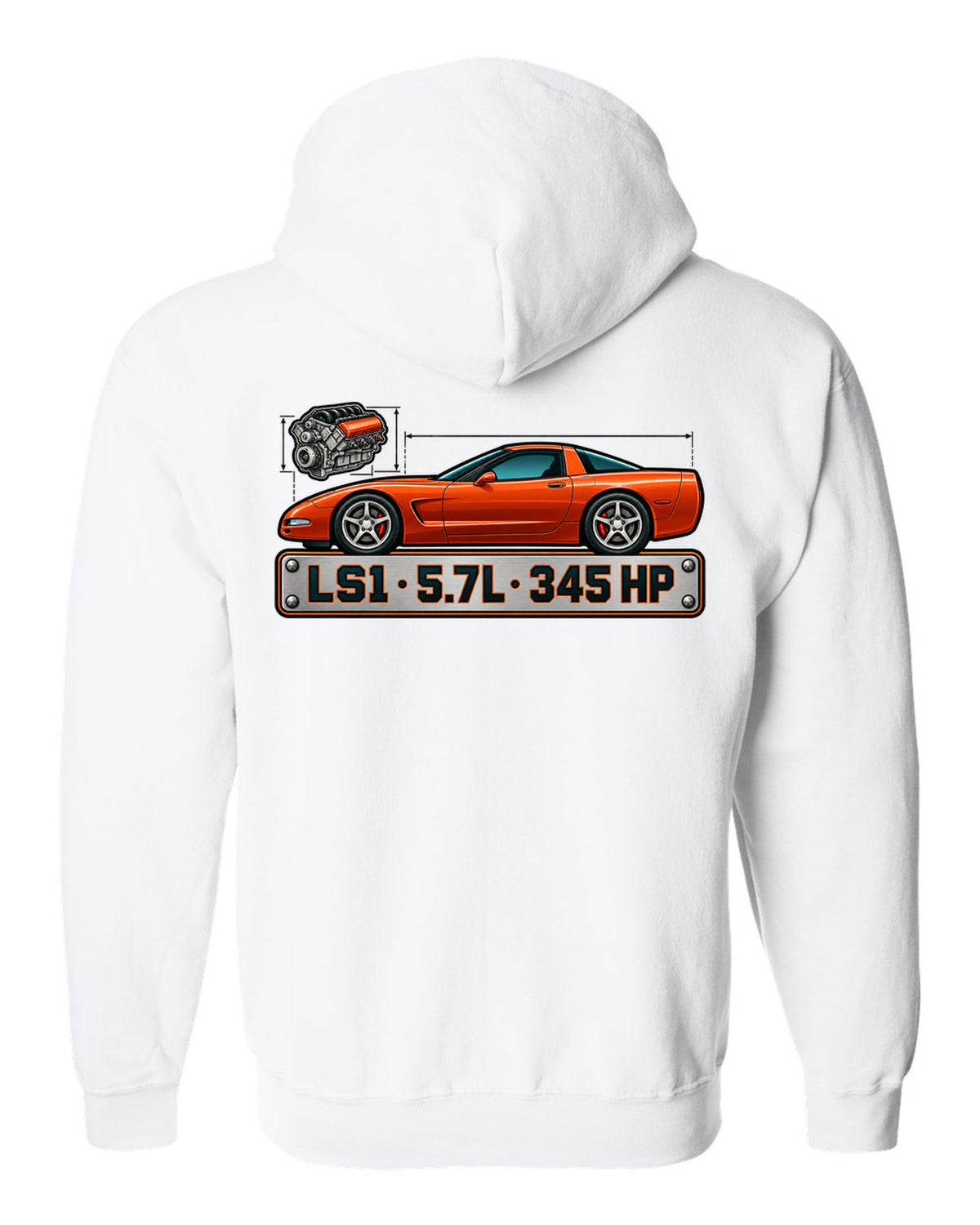 Spec-sheet style print of a 1997 Chevrolet Corvette C5 coupe with LS1 5.7L 345 HP lettering white zip hoodie back view with the design