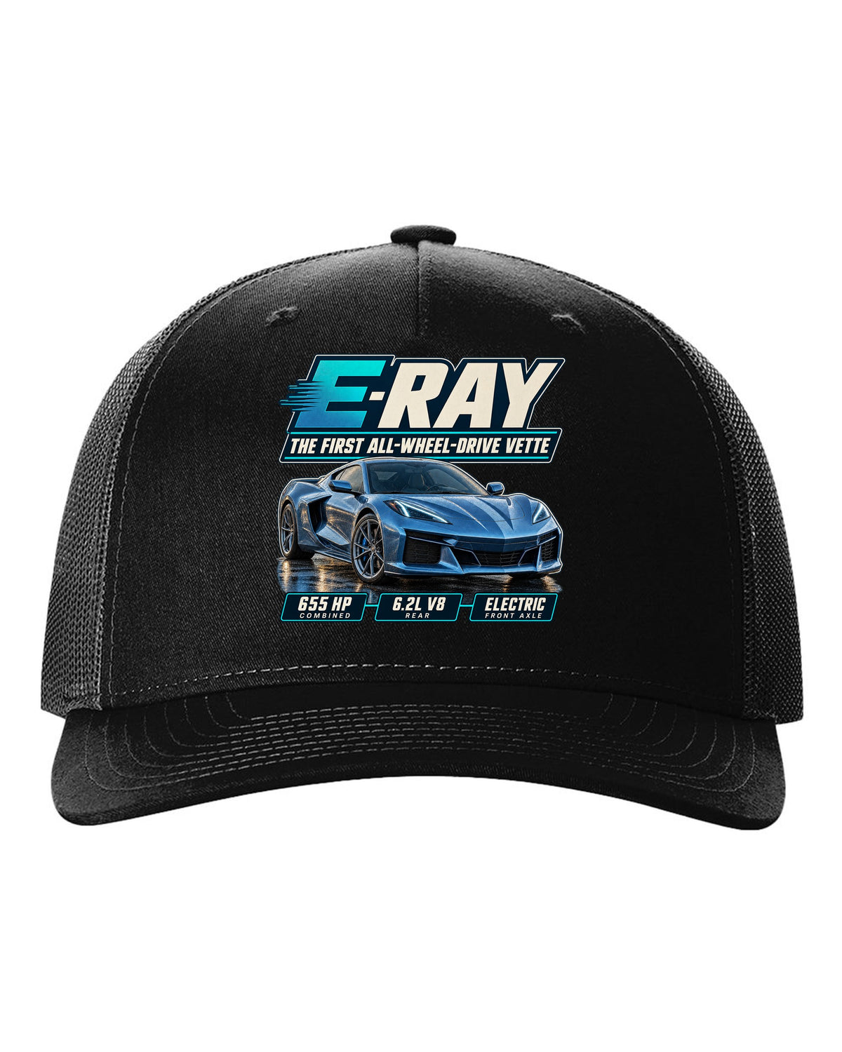 Editorial headline print of a Chevrolet Corvette C8 E-Ray, the first all-wheel-drive Vette black hat front view with the design