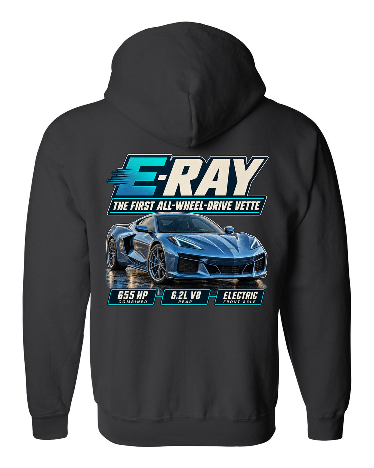 Editorial headline print of a Chevrolet Corvette C8 E-Ray, the first all-wheel-drive Vette black zip hoodie back view with the design