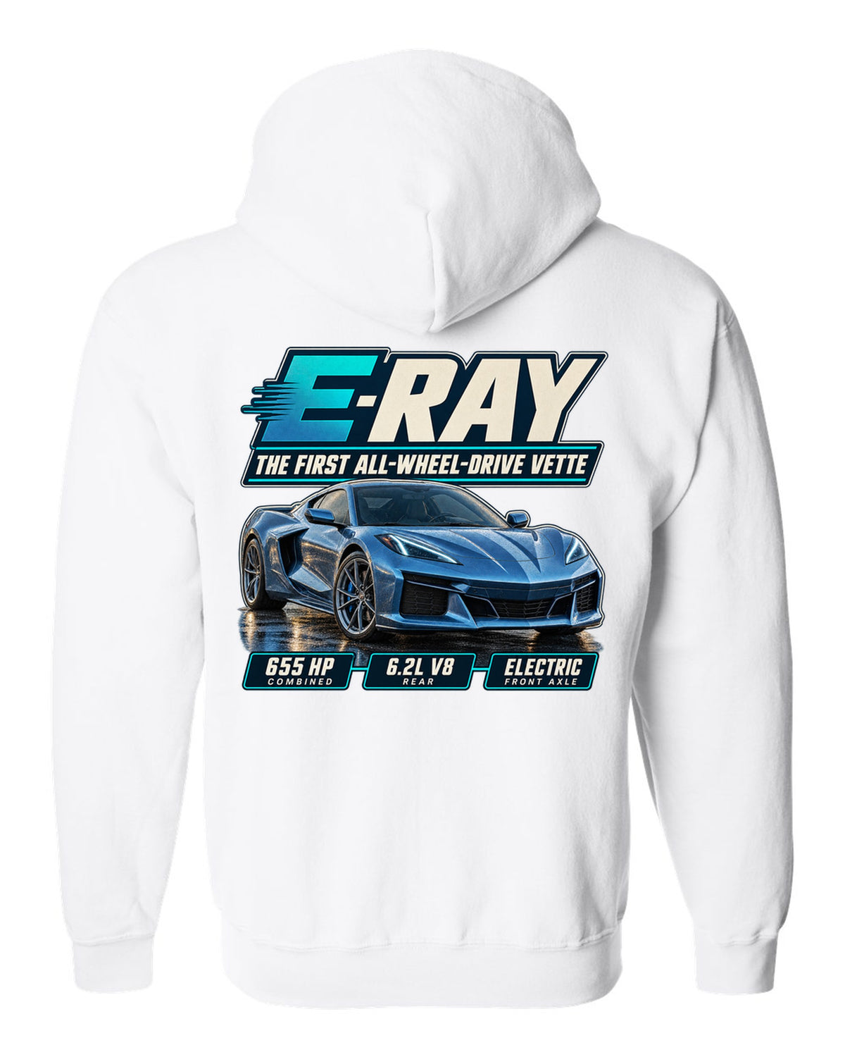 Editorial headline print of a Chevrolet Corvette C8 E-Ray, the first all-wheel-drive Vette white zip hoodie back view with the design
