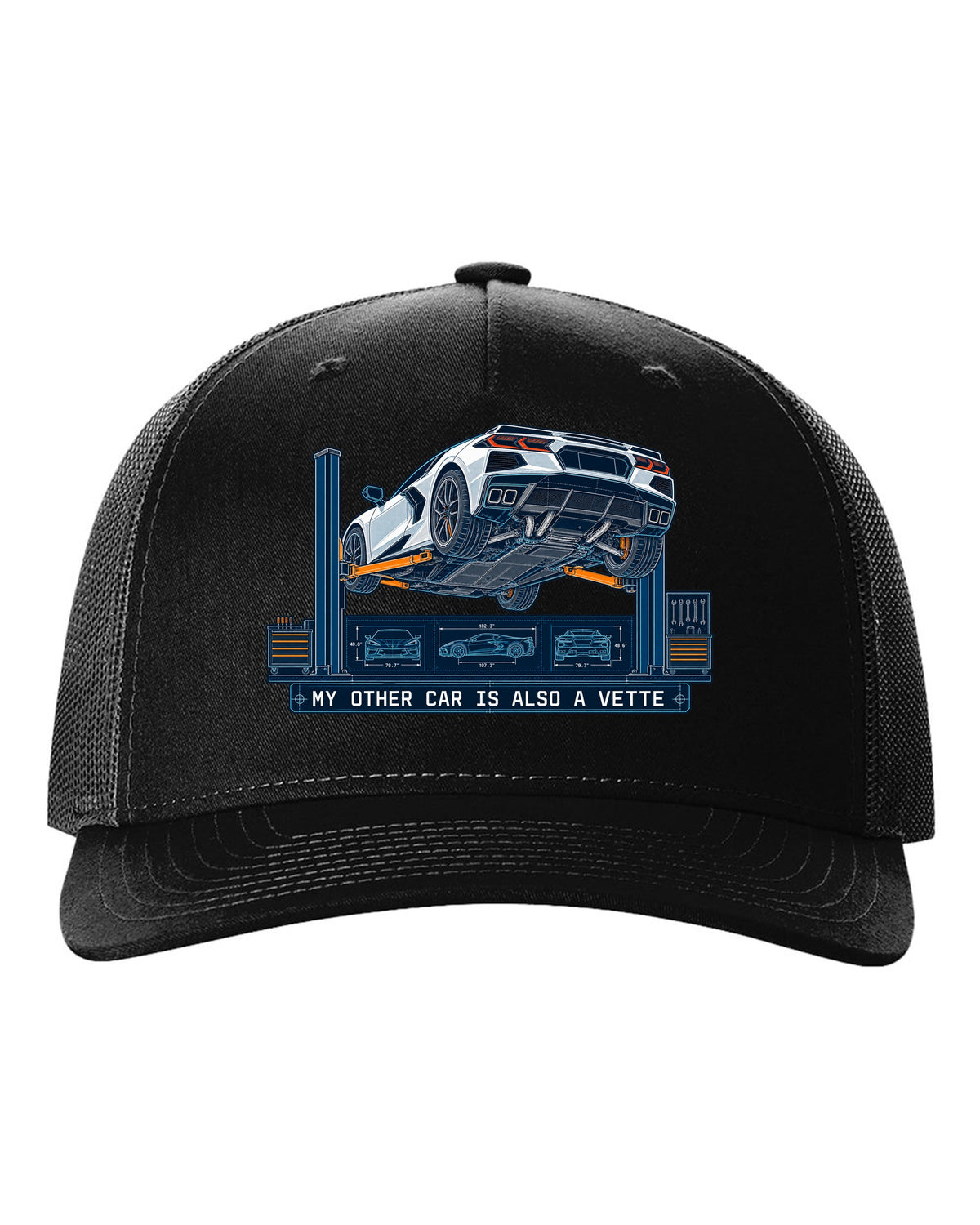Blueprint line art of a 2020 Chevrolet Corvette C8 Stingray on a workshop lift black hat front view with the design