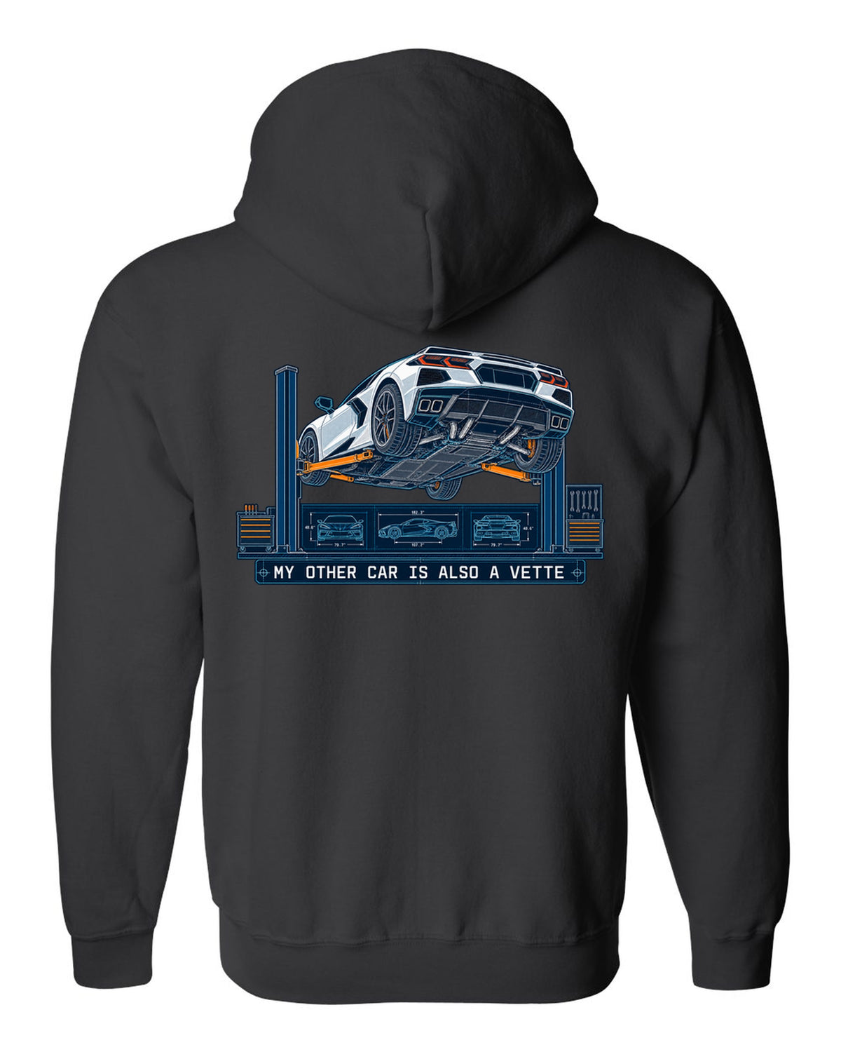 Blueprint line art of a 2020 Chevrolet Corvette C8 Stingray on a workshop lift black zip hoodie back view with the design