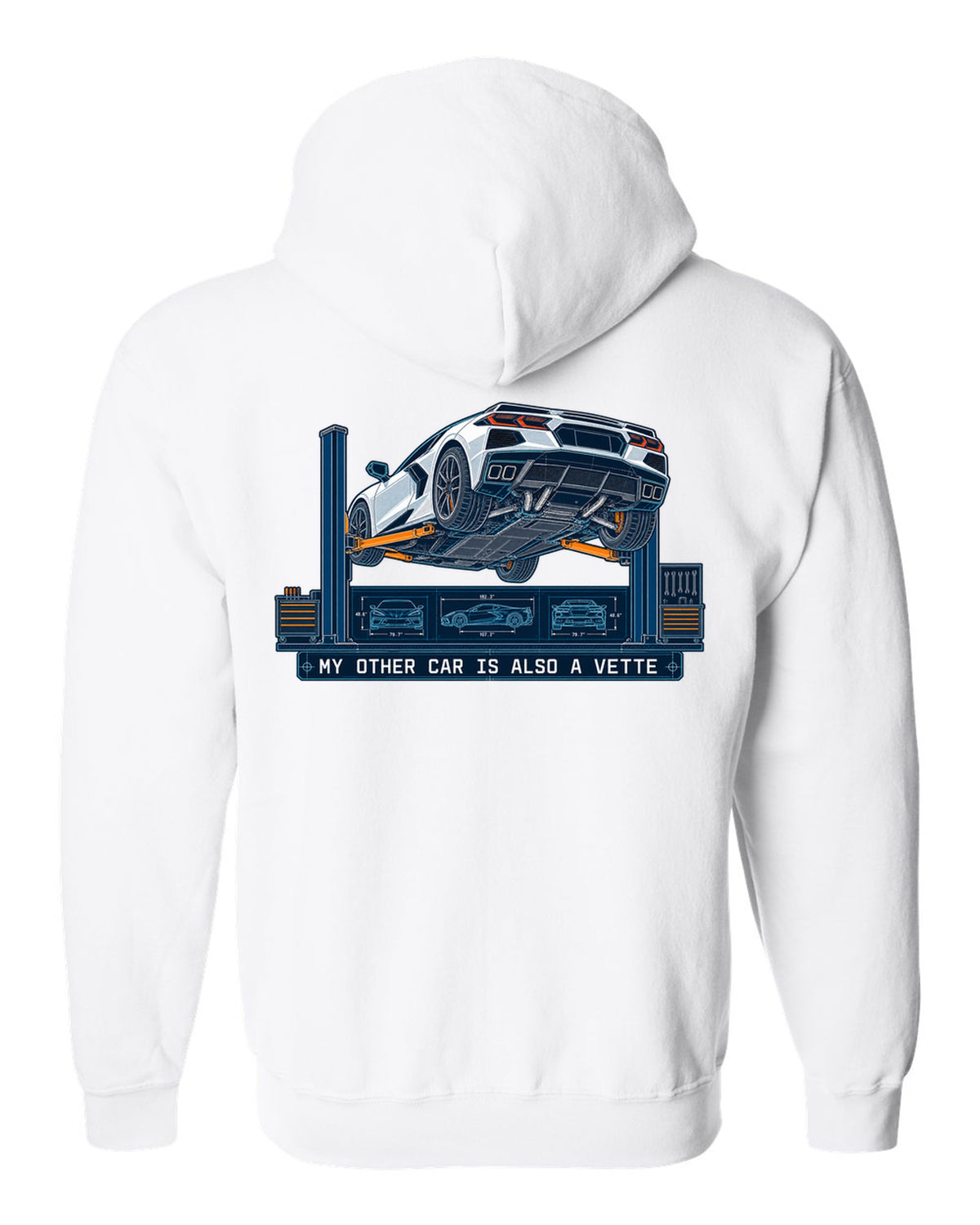 Blueprint line art of a 2020 Chevrolet Corvette C8 Stingray on a workshop lift white zip hoodie back view with the design