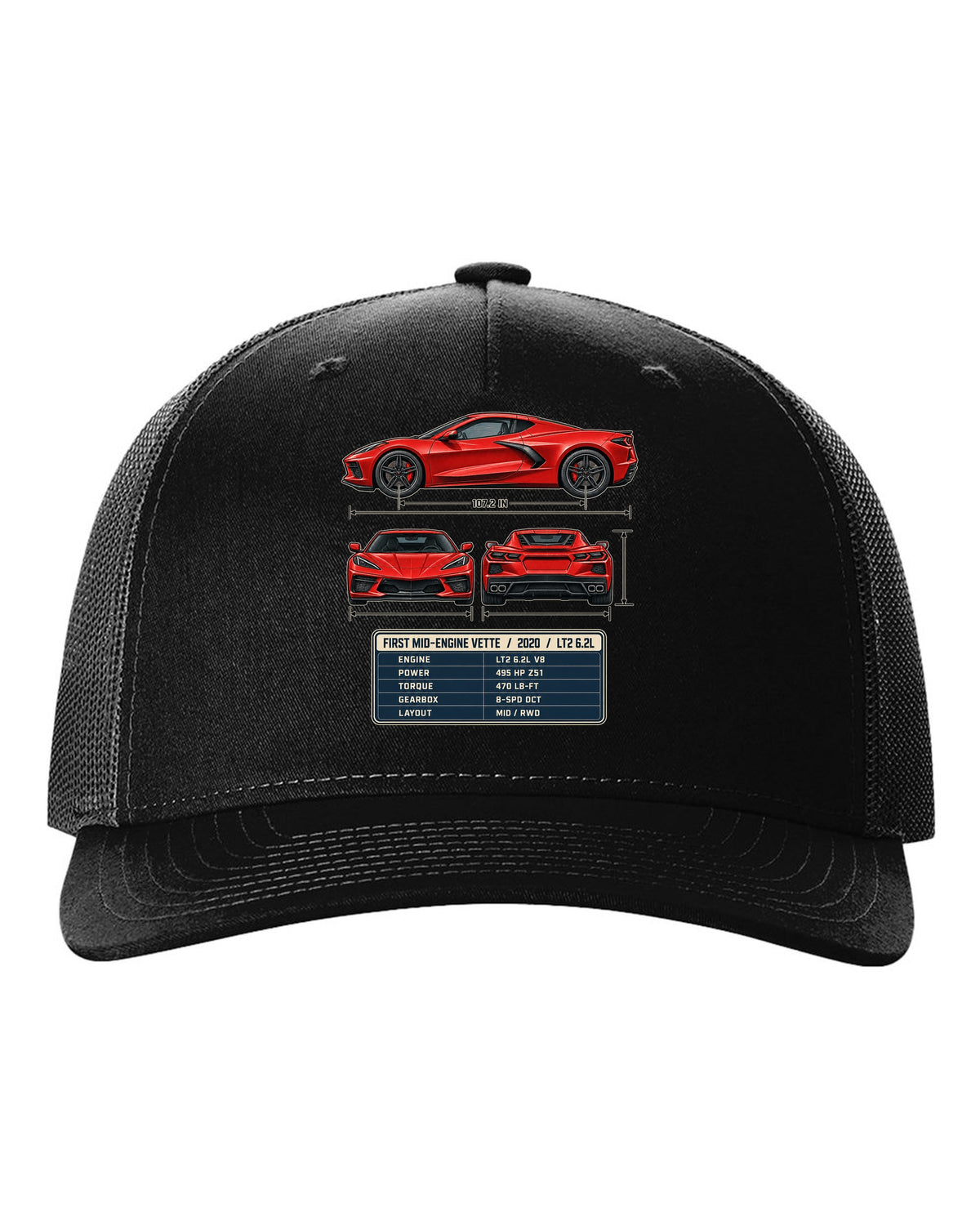 Three-view spec table print of a Chevrolet Corvette C8 Stingray with LT2 6.2L text black hat front view with the design