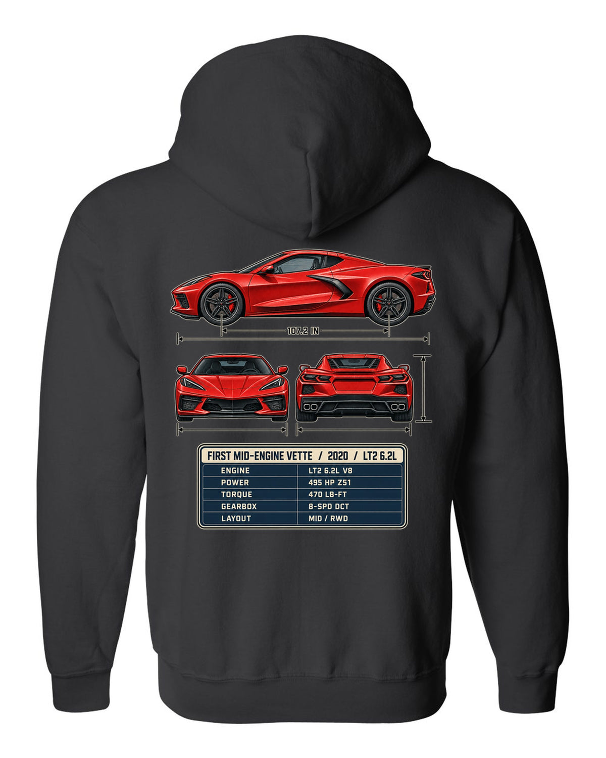 Three-view spec table print of a Chevrolet Corvette C8 Stingray with LT2 6.2L text black zip hoodie back view with the design