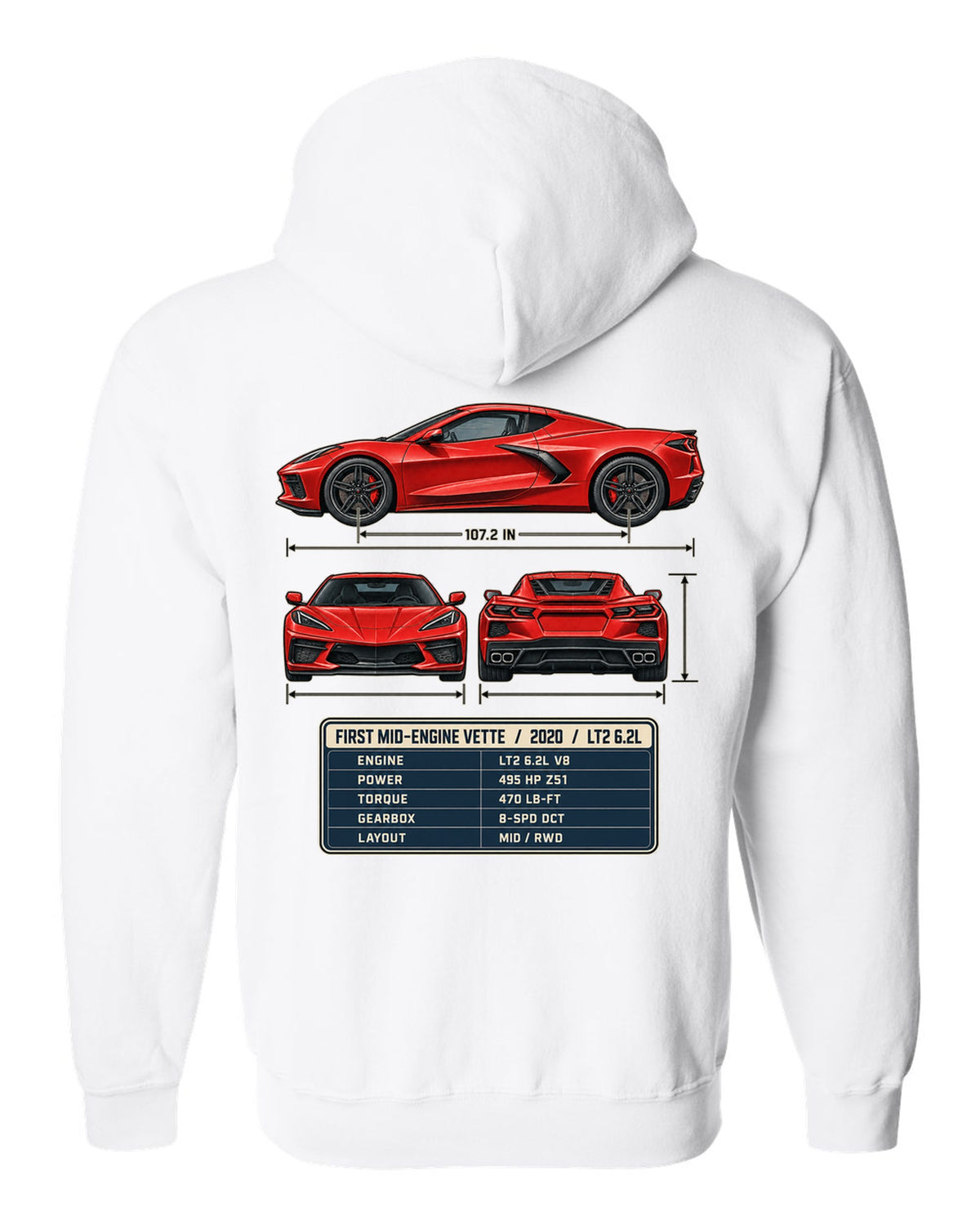 Three-view spec table print of a Chevrolet Corvette C8 Stingray with LT2 6.2L text white zip hoodie back view with the design
