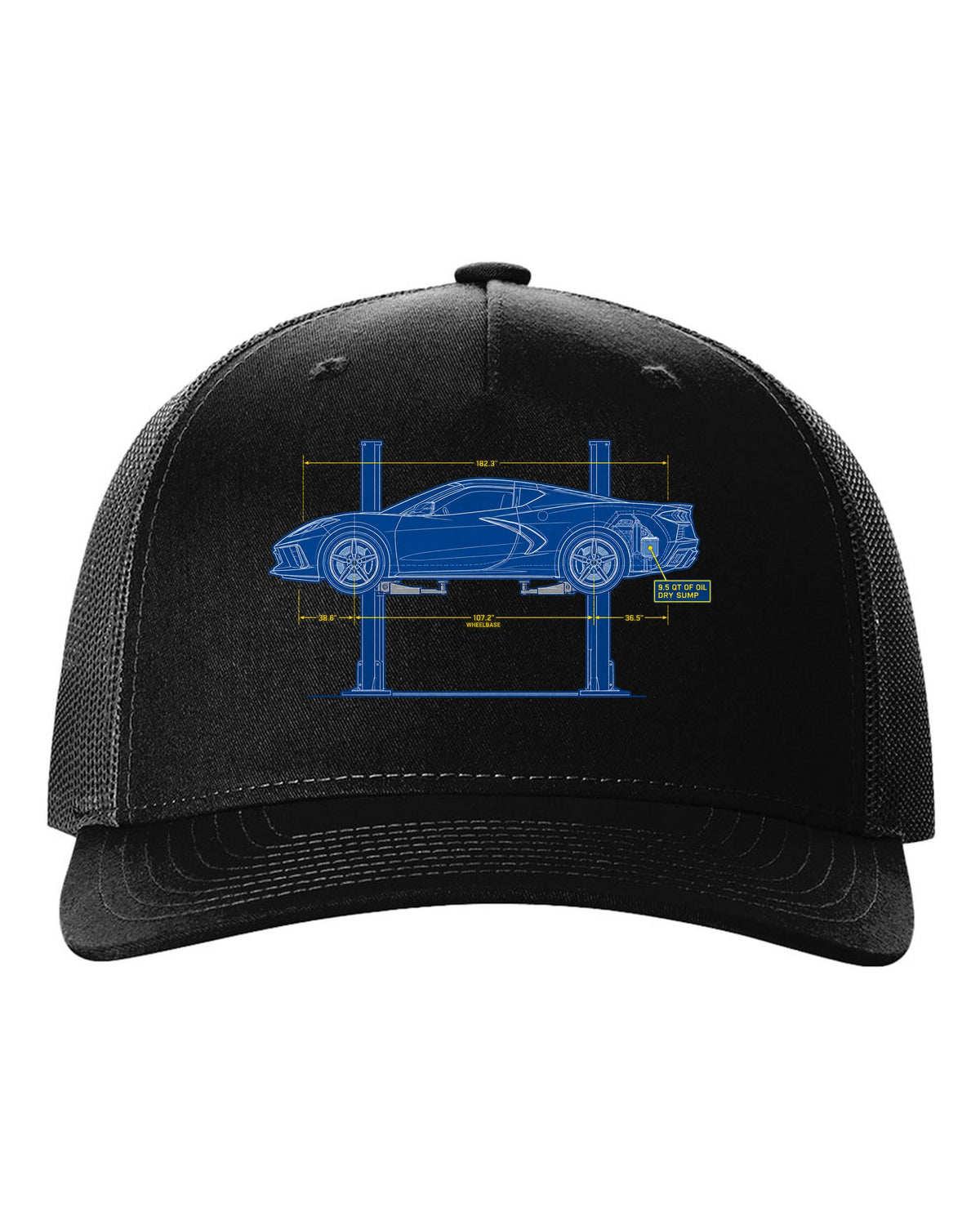 Retro manga halftone panel of a 2023 Chevrolet Corvette C8 Z06 with dry sump oil lettering black hat front view with the design