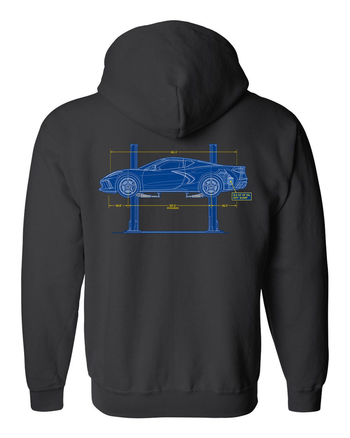 Retro manga halftone panel of a 2023 Chevrolet Corvette C8 Z06 with dry sump oil lettering black zip hoodie back view with the design