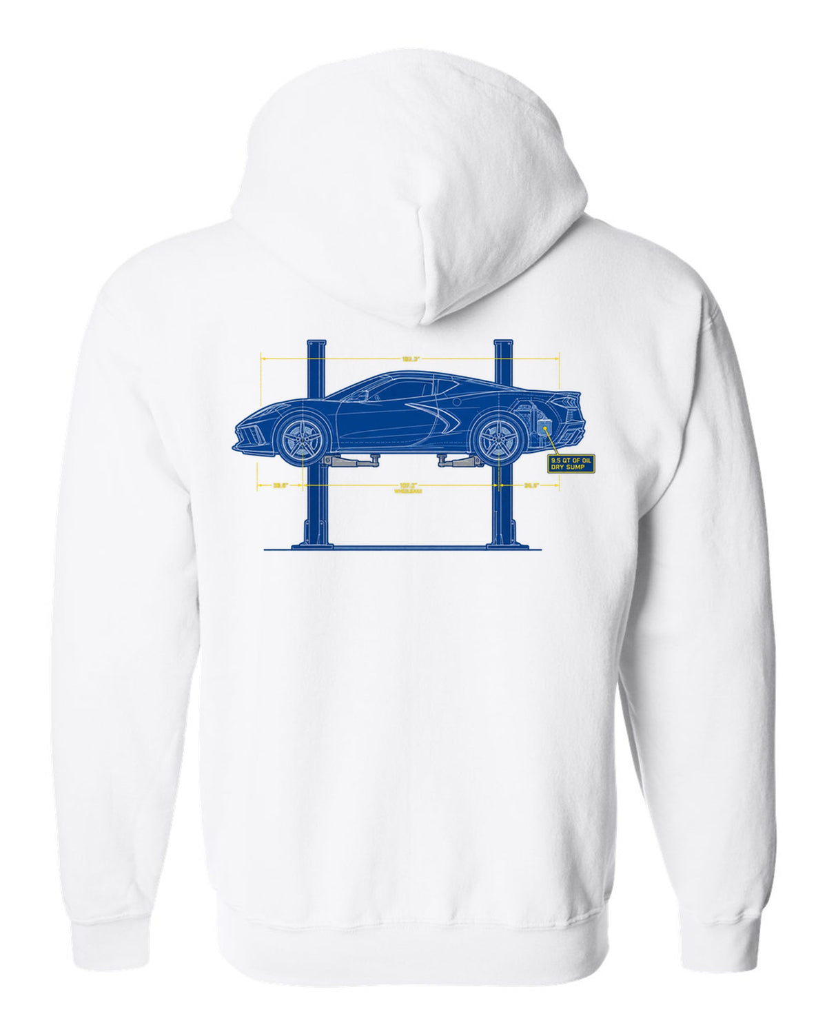 Retro manga halftone panel of a 2023 Chevrolet Corvette C8 Z06 with dry sump oil lettering white zip hoodie back view with the design