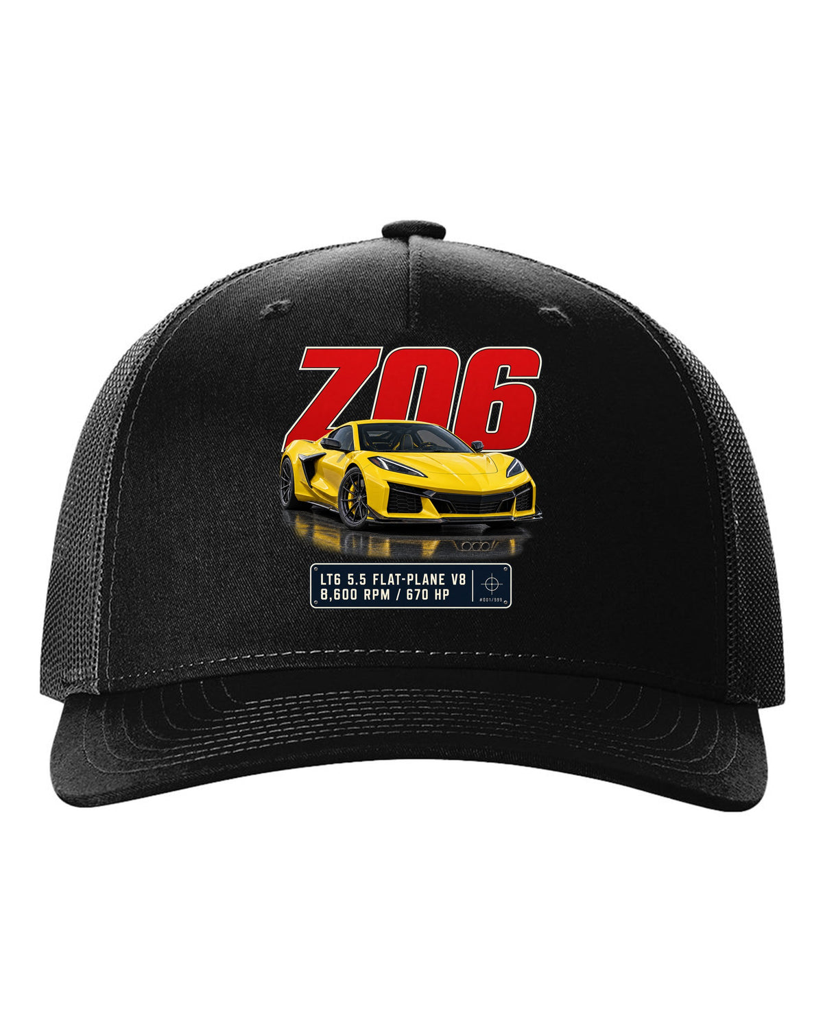 Editorial headline print of a yellow Chevrolet Corvette C8 Z06 black hat front view with the design