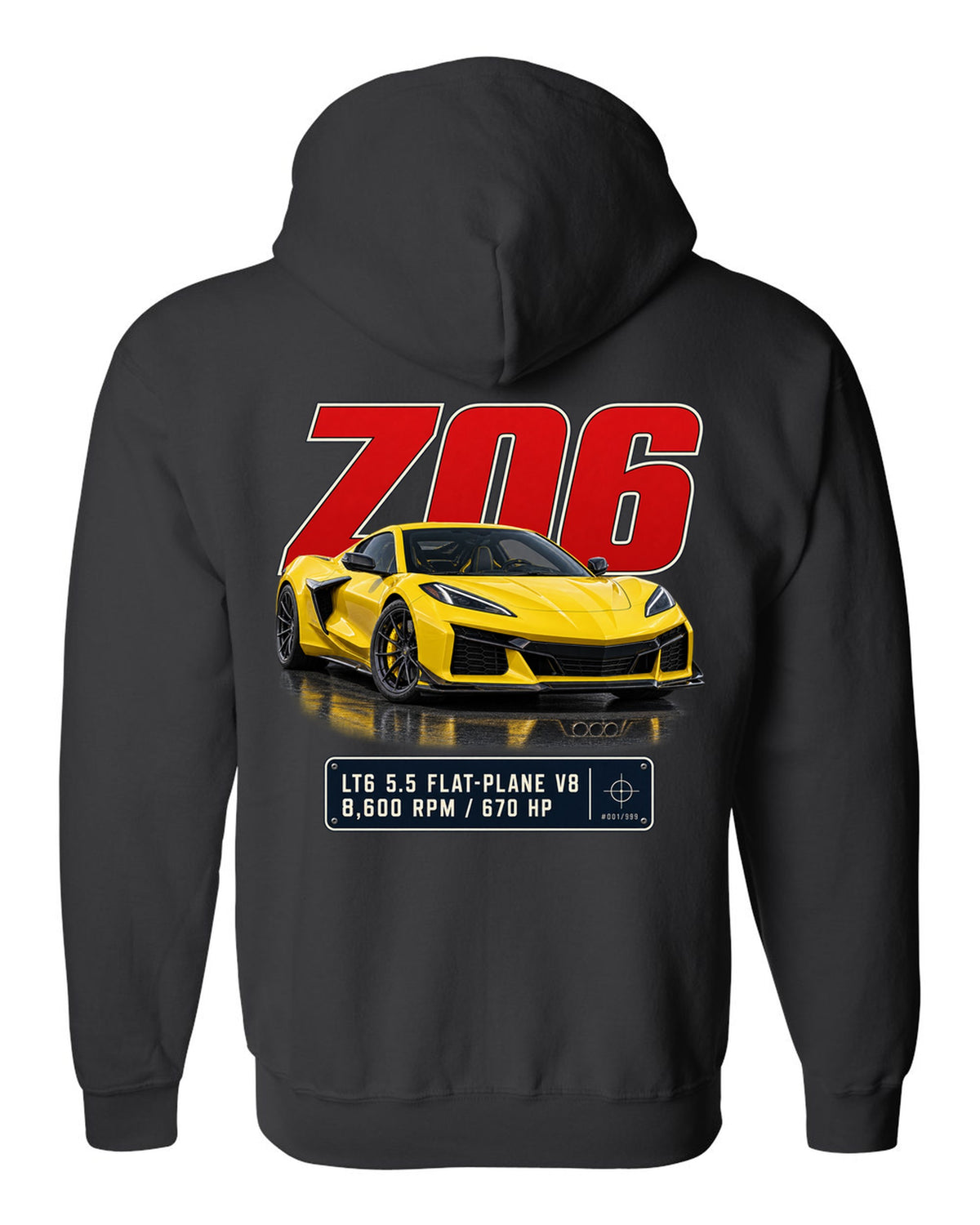 Editorial headline print of a yellow Chevrolet Corvette C8 Z06 black zip hoodie back view with the design