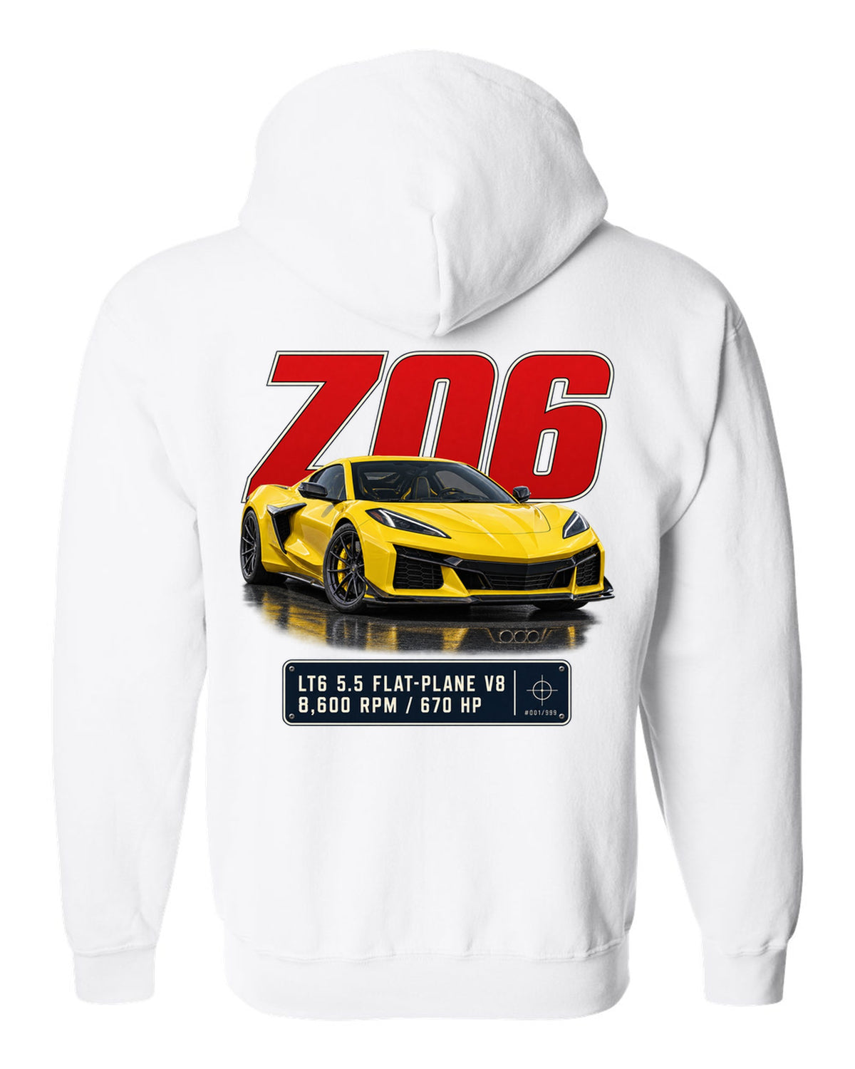 Editorial headline print of a yellow Chevrolet Corvette C8 Z06 white zip hoodie back view with the design