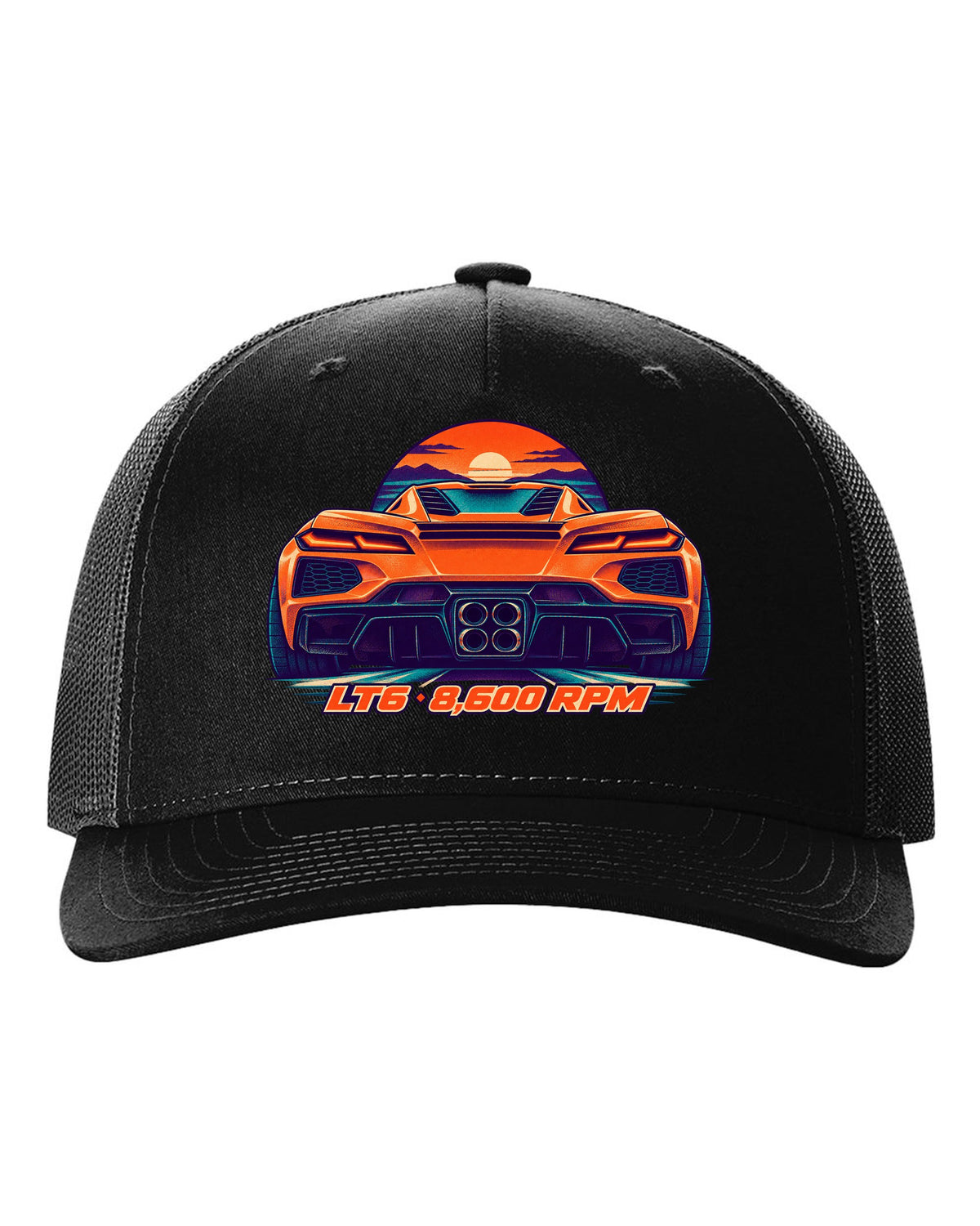 Risograph-style print of a Chevrolet Corvette C8 Z06 with quad exhaust tips and LT6 8,600 RPM lettering black hat front view with the design