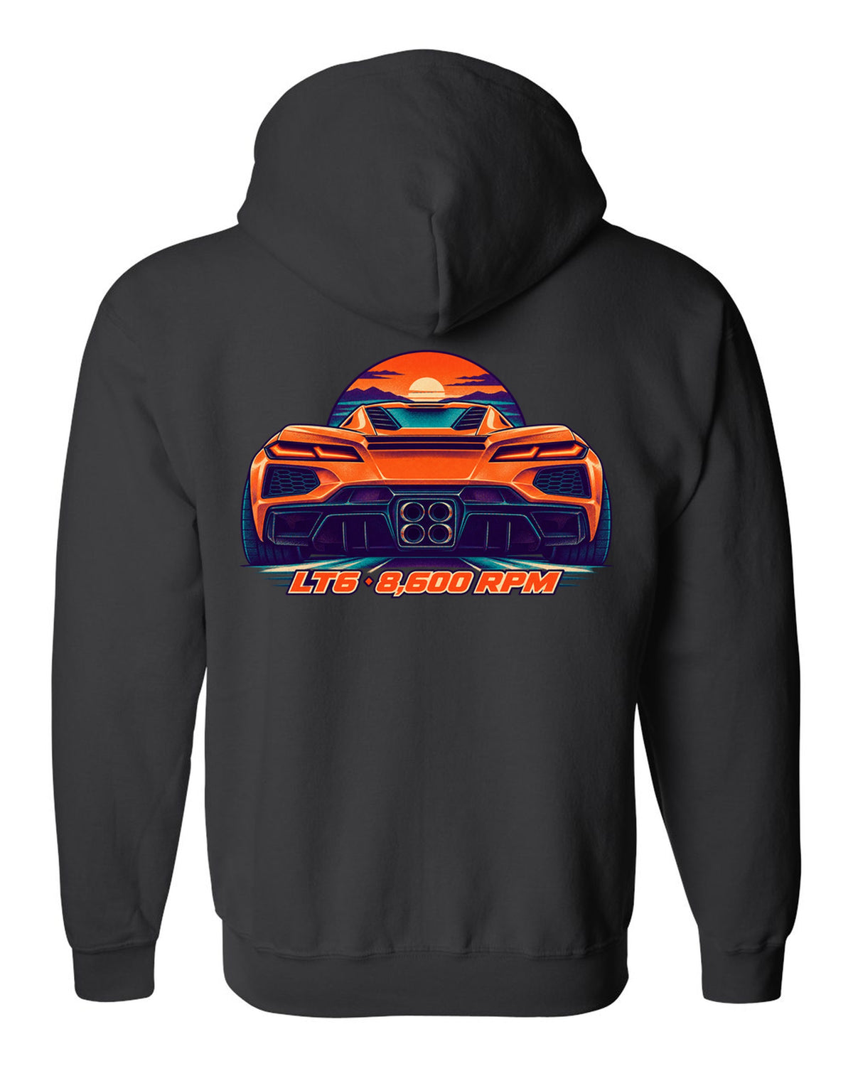 Risograph-style print of a Chevrolet Corvette C8 Z06 with quad exhaust tips and LT6 8,600 RPM lettering black zip hoodie back view with the design