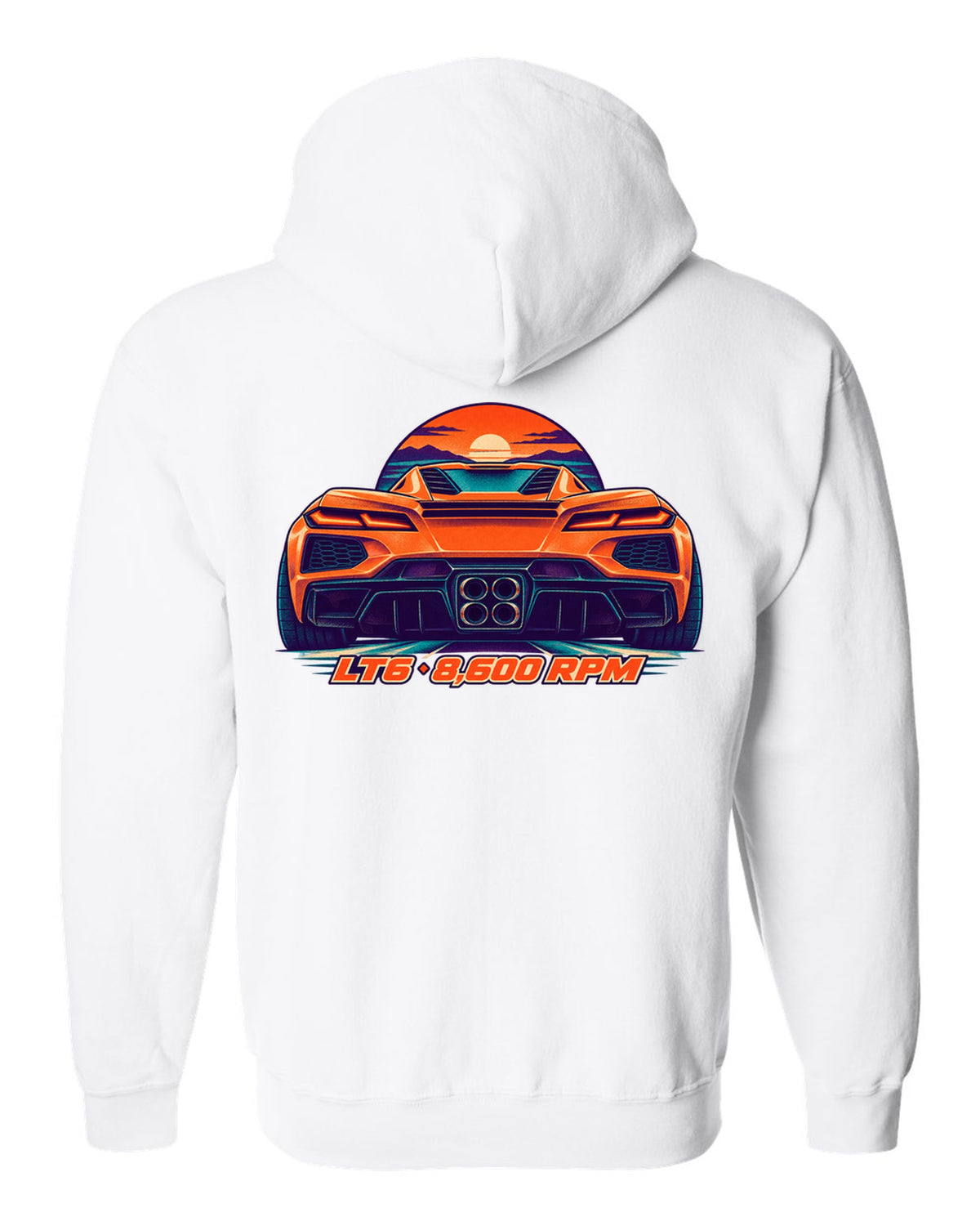 Risograph-style print of a Chevrolet Corvette C8 Z06 with quad exhaust tips and LT6 8,600 RPM lettering white zip hoodie back view with the design