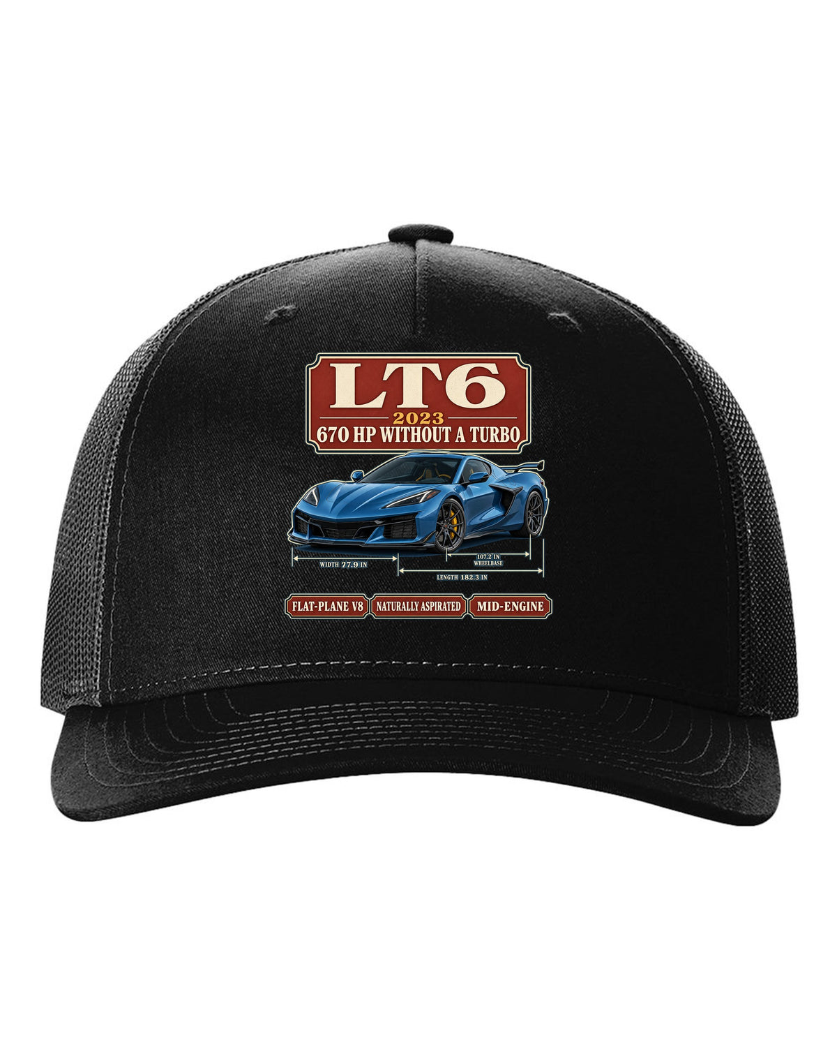 print of a Chevrolet Corvette C8 Z06 in an archive panel layout with LT6 and 670 HP text black hat front view with the design