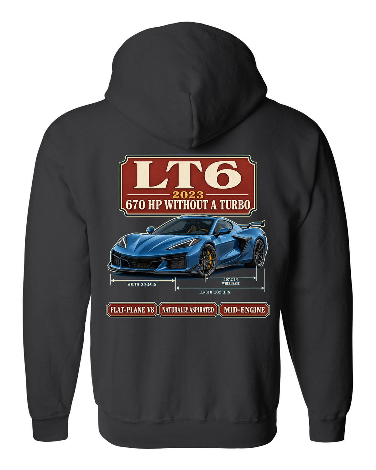 print of a Chevrolet Corvette C8 Z06 in an archive panel layout with LT6 and 670 HP text black zip hoodie back view with the design