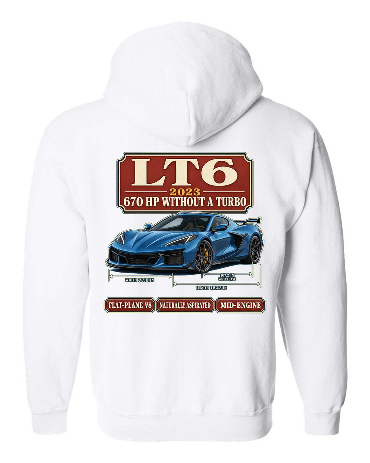 print of a Chevrolet Corvette C8 Z06 in an archive panel layout with LT6 and 670 HP text white zip hoodie back view with the design