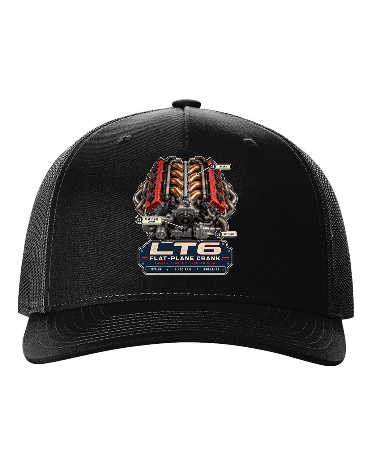 Engine hero print of the LT6 flat-plane V8 in a Chevrolet Corvette C8 Z06 black hat front view with the design