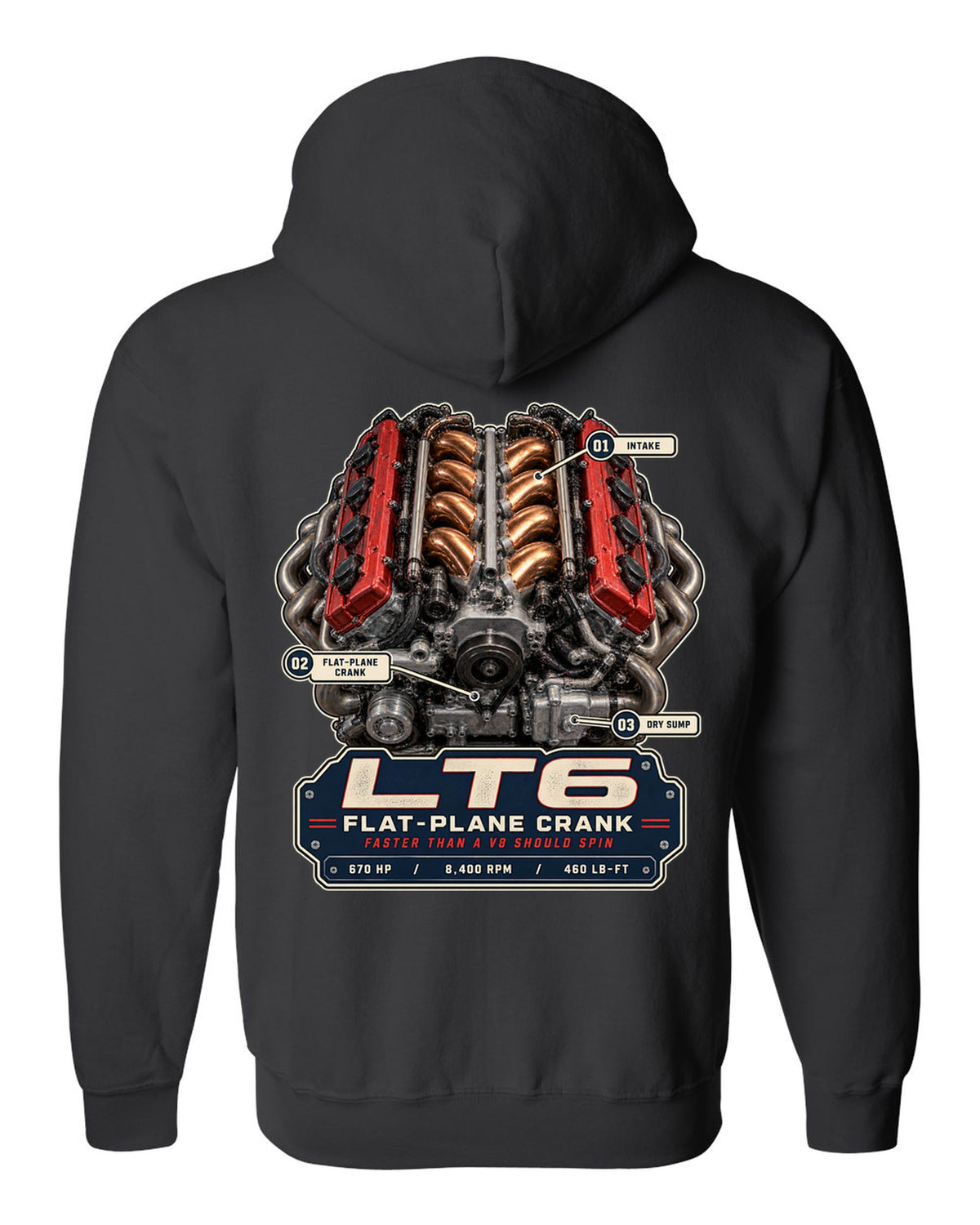 Engine hero print of the LT6 flat-plane V8 in a Chevrolet Corvette C8 Z06 black zip hoodie back view with the design