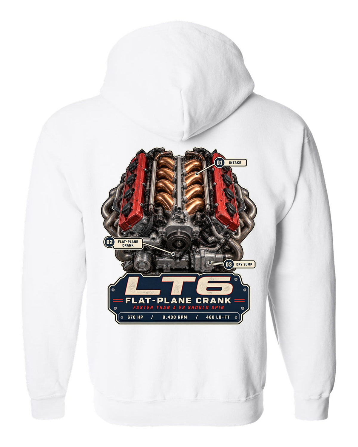 Engine hero print of the LT6 flat-plane V8 in a Chevrolet Corvette C8 Z06 white zip hoodie back view with the design