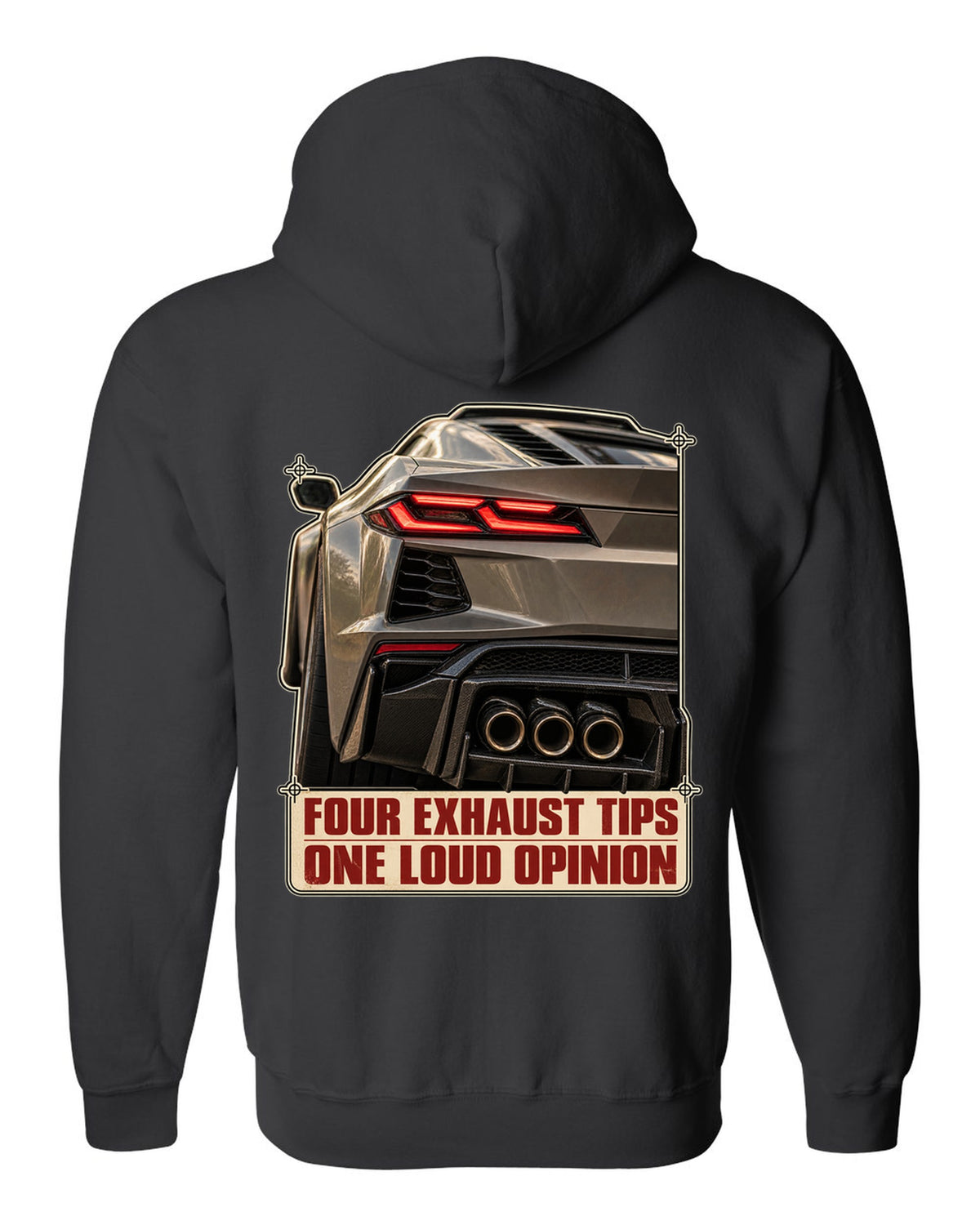 Taillight macro print of a Chevrolet Corvette C8 Z06 with four exhaust tips black zip hoodie back view with the design