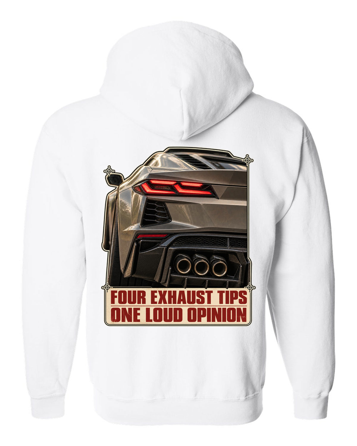Taillight macro print of a Chevrolet Corvette C8 Z06 with four exhaust tips white zip hoodie back view with the design