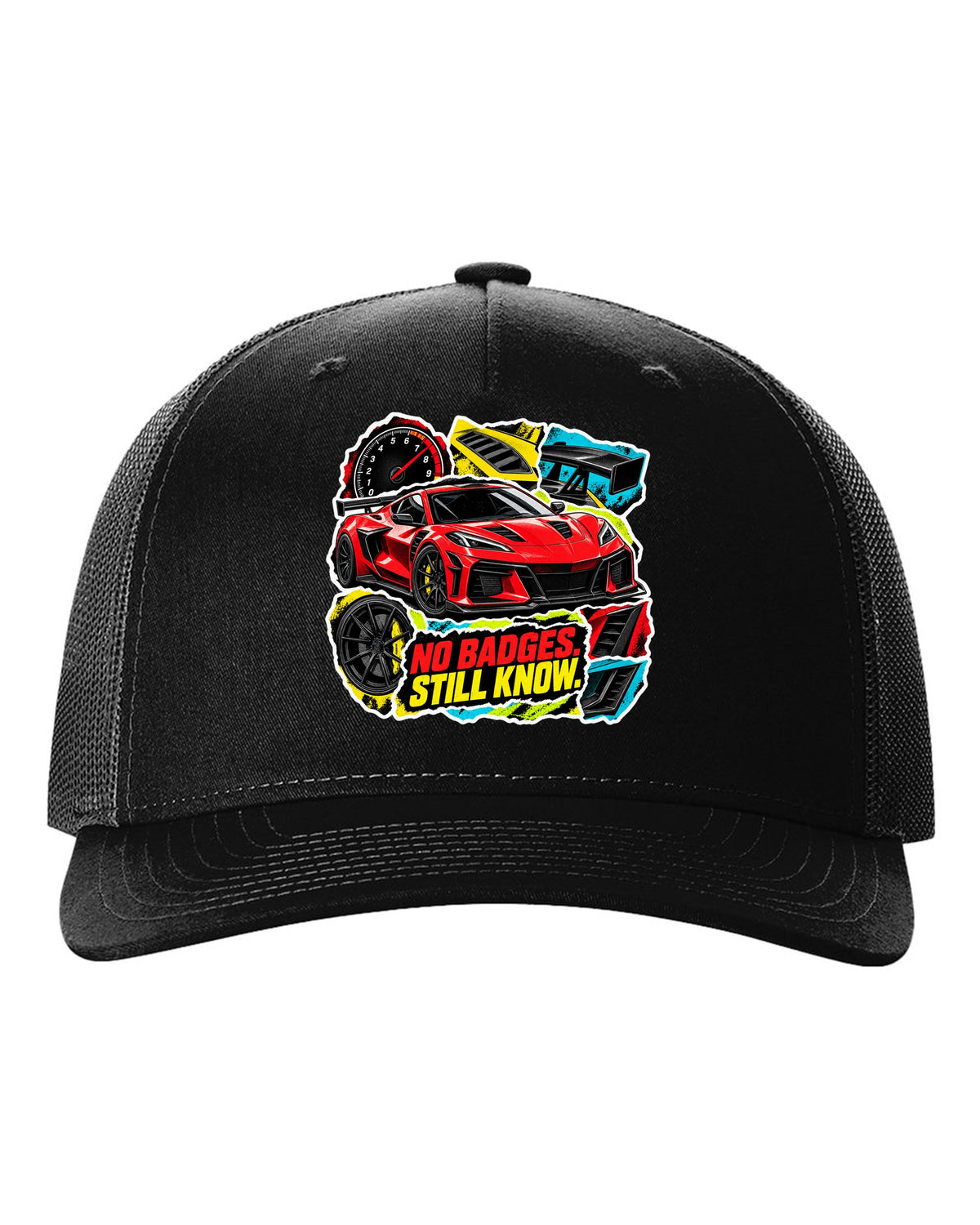 Sticker-bomb collage print of a 2025 Chevrolet Corvette C8 ZR1 with fender vents and rear wing black hat front view with the design