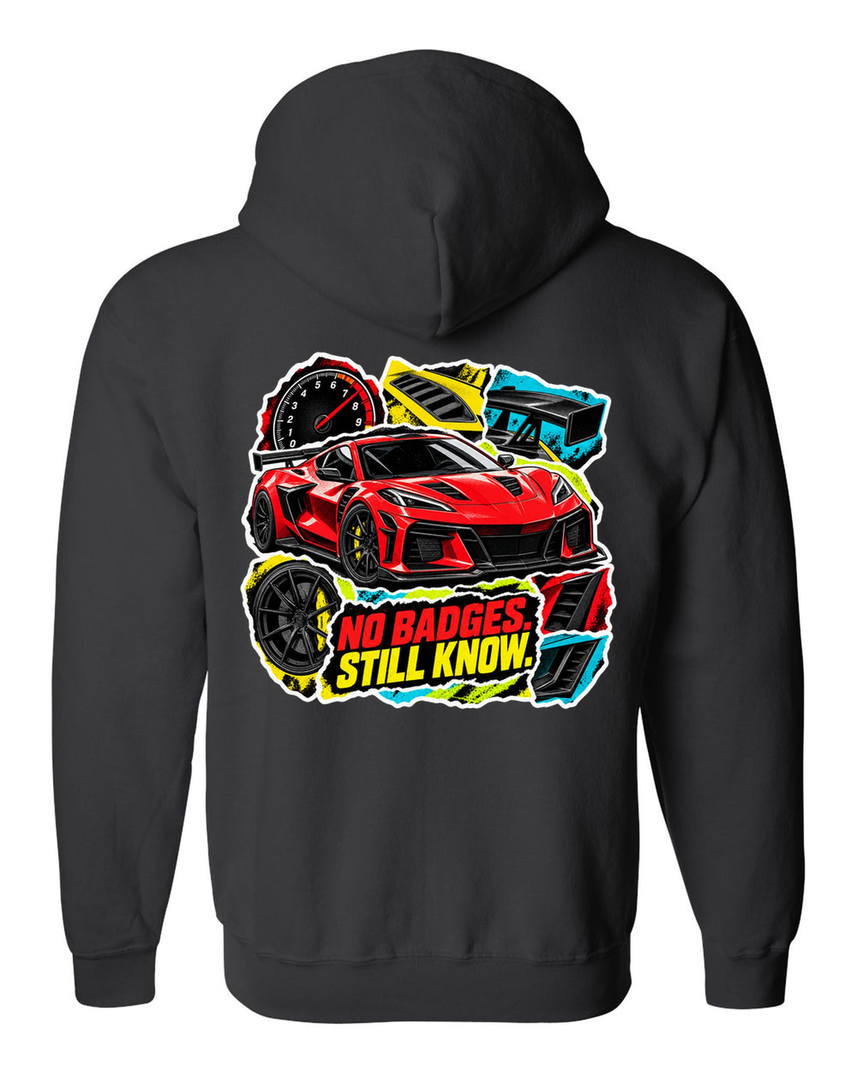Sticker-bomb collage print of a 2025 Chevrolet Corvette C8 ZR1 with fender vents and rear wing black zip hoodie back view with the design