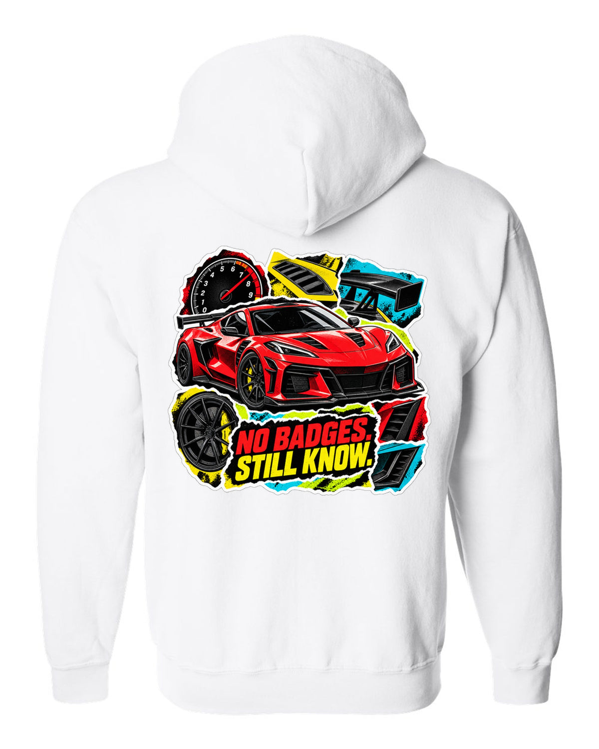 Sticker-bomb collage print of a 2025 Chevrolet Corvette C8 ZR1 with fender vents and rear wing white zip hoodie back view with the design