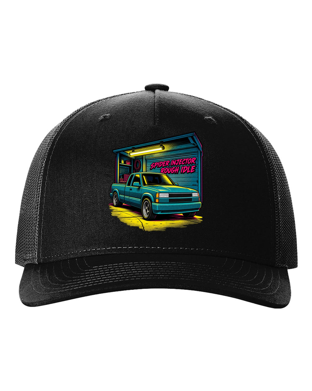Comic halftone pop-art print of a 1988-98 Chevrolet GMT400 C1500 OBS extended cab with spider injector rough idle lettering black hat front view with the design