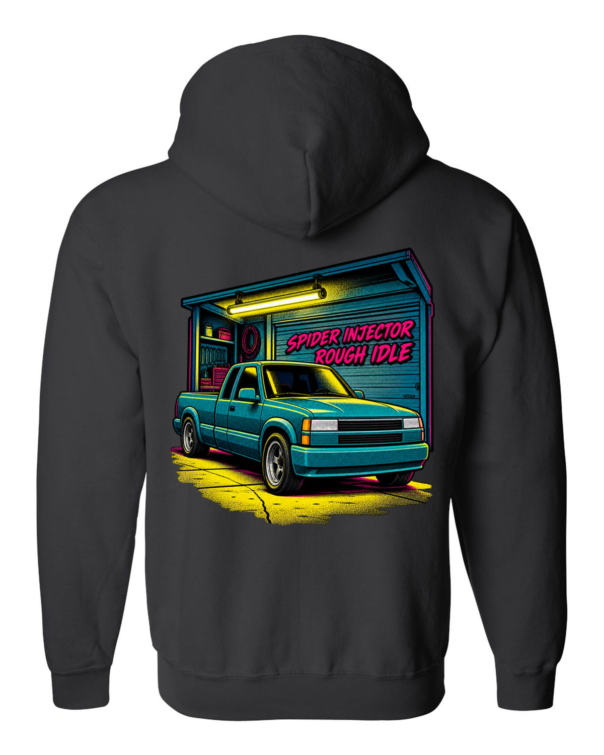 Comic halftone pop-art print of a 1988-98 Chevrolet GMT400 C1500 OBS extended cab with spider injector rough idle lettering black zip hoodie back view with the design